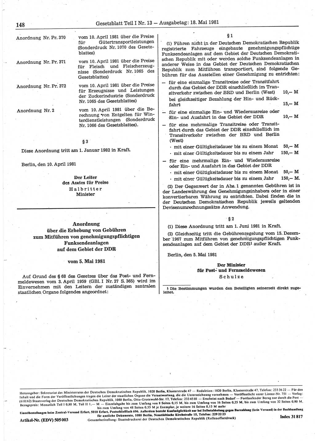 Gesetzblatt (GBl.) der Deutschen Demokratischen Republik (DDR) Teil Ⅰ 1981, Seite 148 (GBl. DDR Ⅰ 1981, S. 148)