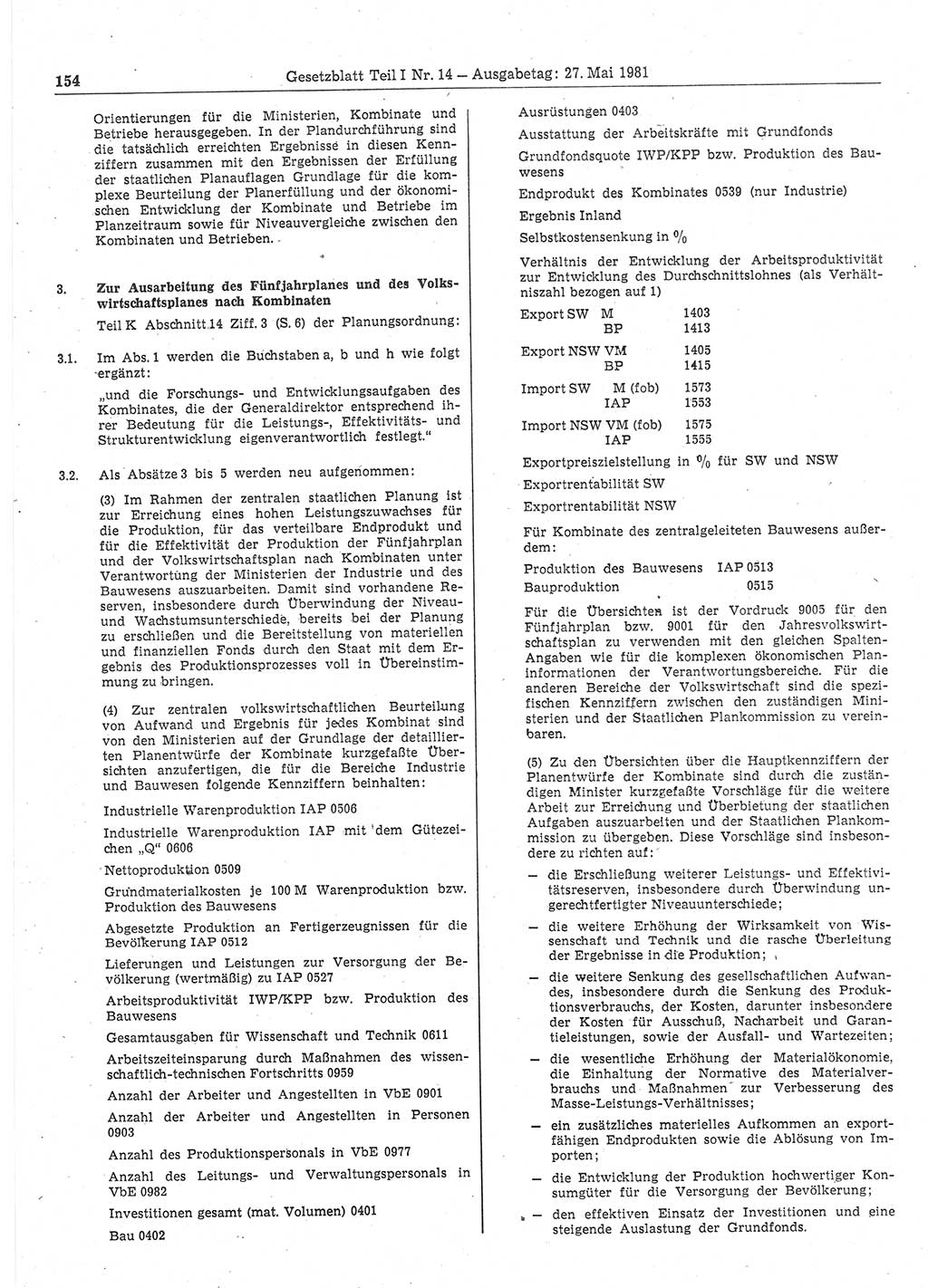 Gesetzblatt (GBl.) der Deutschen Demokratischen Republik (DDR) Teil Ⅰ 1981, Seite 154 (GBl. DDR Ⅰ 1981, S. 154)