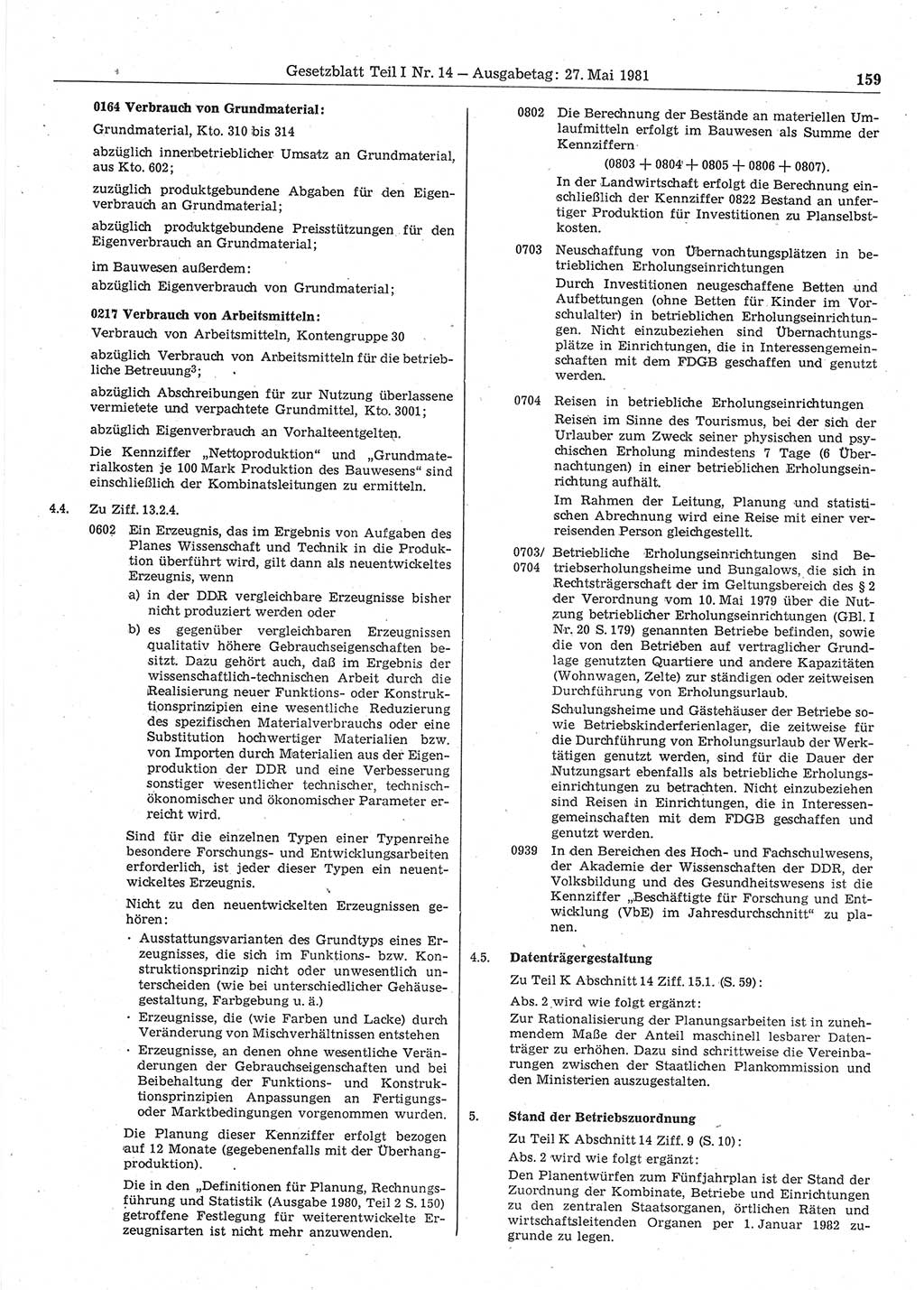 Gesetzblatt (GBl.) der Deutschen Demokratischen Republik (DDR) Teil Ⅰ 1981, Seite 159 (GBl. DDR Ⅰ 1981, S. 159)