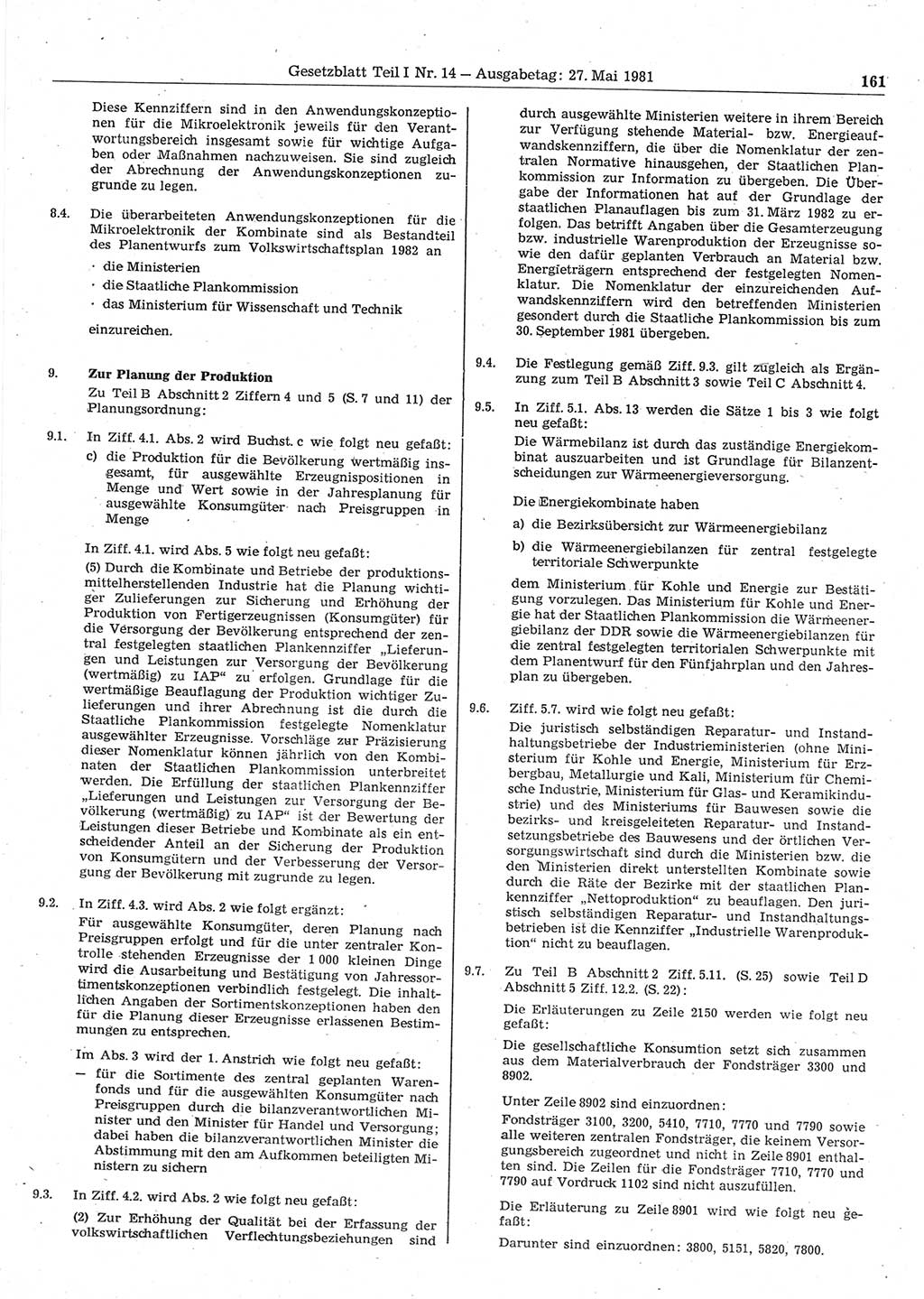 Gesetzblatt (GBl.) der Deutschen Demokratischen Republik (DDR) Teil Ⅰ 1981, Seite 161 (GBl. DDR Ⅰ 1981, S. 161)
