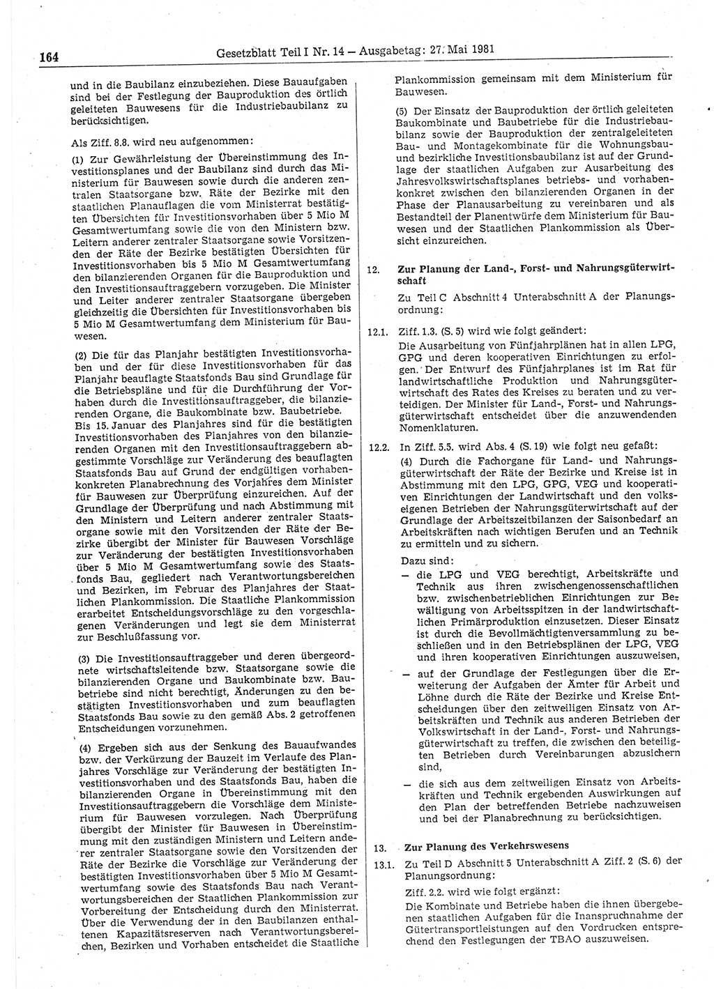 Gesetzblatt (GBl.) der Deutschen Demokratischen Republik (DDR) Teil Ⅰ 1981, Seite 164 (GBl. DDR Ⅰ 1981, S. 164)