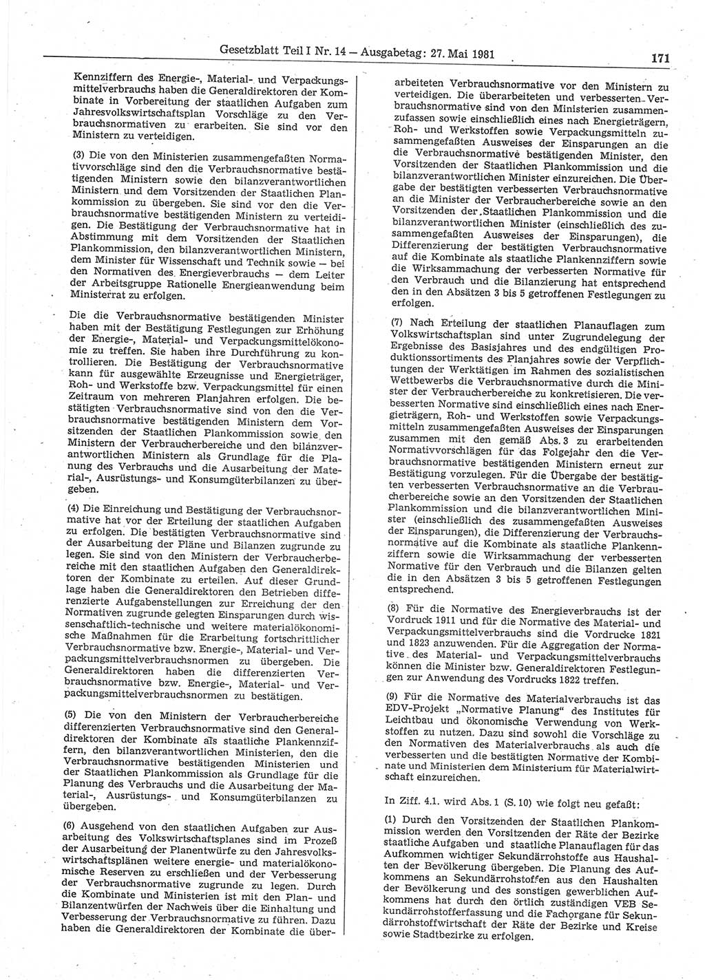 Gesetzblatt (GBl.) der Deutschen Demokratischen Republik (DDR) Teil Ⅰ 1981, Seite 171 (GBl. DDR Ⅰ 1981, S. 171)