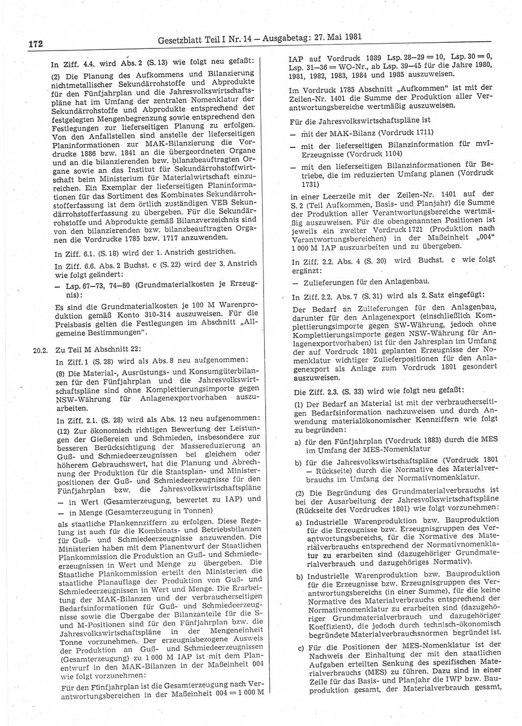 Gesetzblatt (GBl.) der Deutschen Demokratischen Republik (DDR) Teil Ⅰ 1981, Seite 172 (GBl. DDR Ⅰ 1981, S. 172)