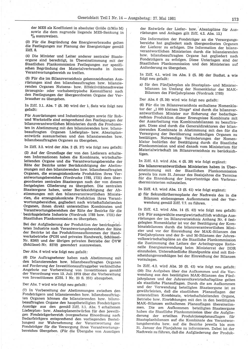 Gesetzblatt (GBl.) der Deutschen Demokratischen Republik (DDR) Teil Ⅰ 1981, Seite 173 (GBl. DDR Ⅰ 1981, S. 173)