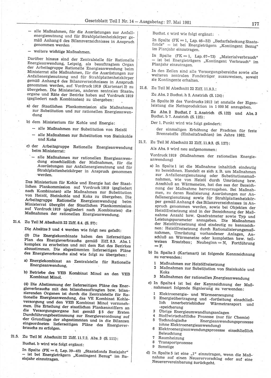 Gesetzblatt (GBl.) der Deutschen Demokratischen Republik (DDR) Teil Ⅰ 1981, Seite 177 (GBl. DDR Ⅰ 1981, S. 177)