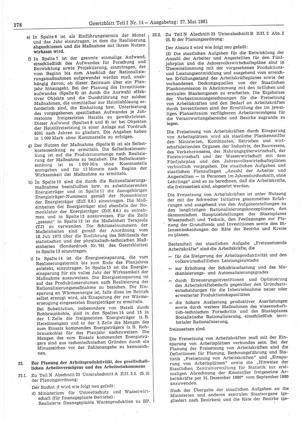 Gesetzblatt (GBl.) der Deutschen Demokratischen Republik (DDR) Teil Ⅰ 1981, Seite 178 (GBl. DDR Ⅰ 1981, S. 178)