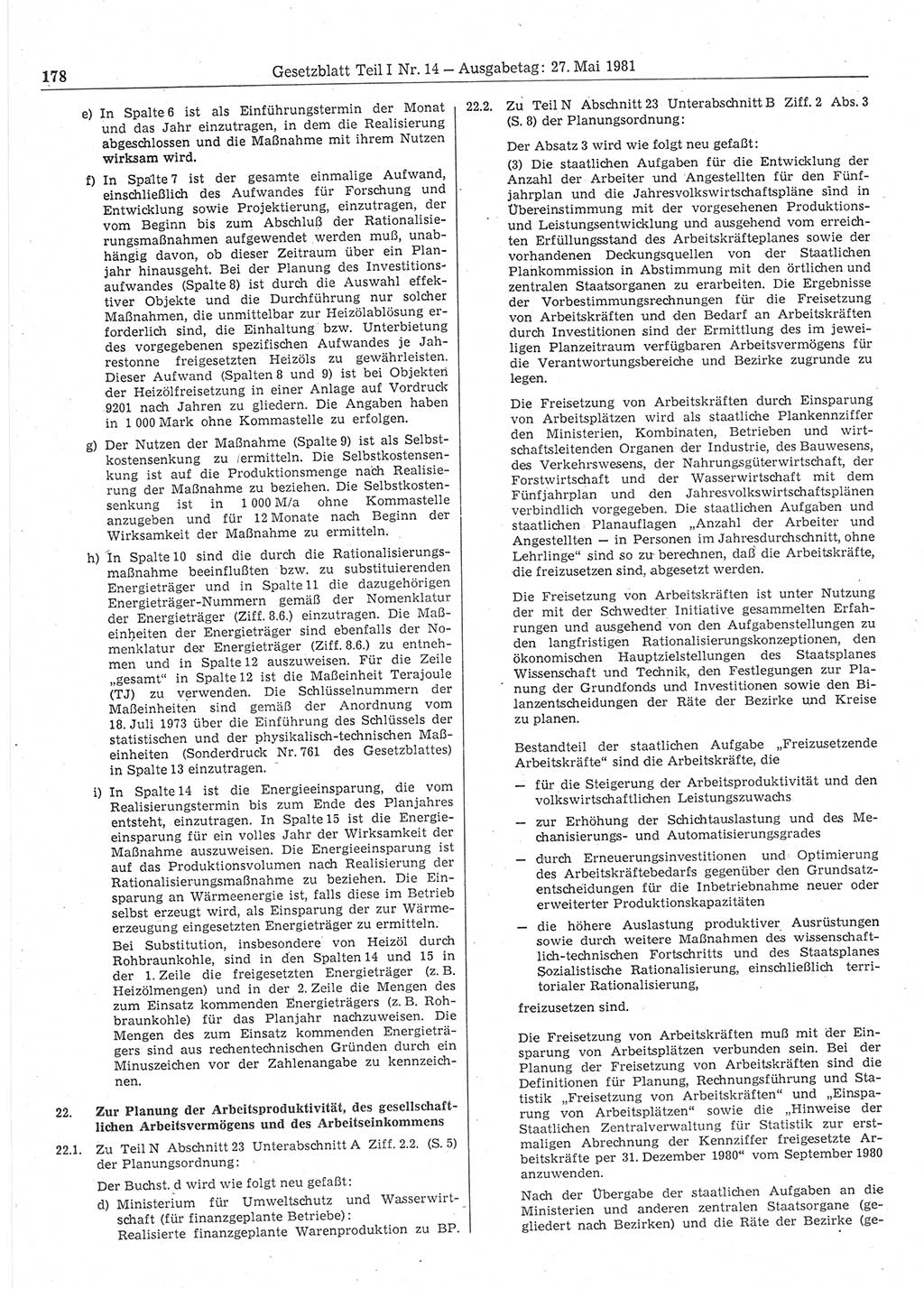 Gesetzblatt (GBl.) der Deutschen Demokratischen Republik (DDR) Teil Ⅰ 1981, Seite 178 (GBl. DDR Ⅰ 1981, S. 178)
