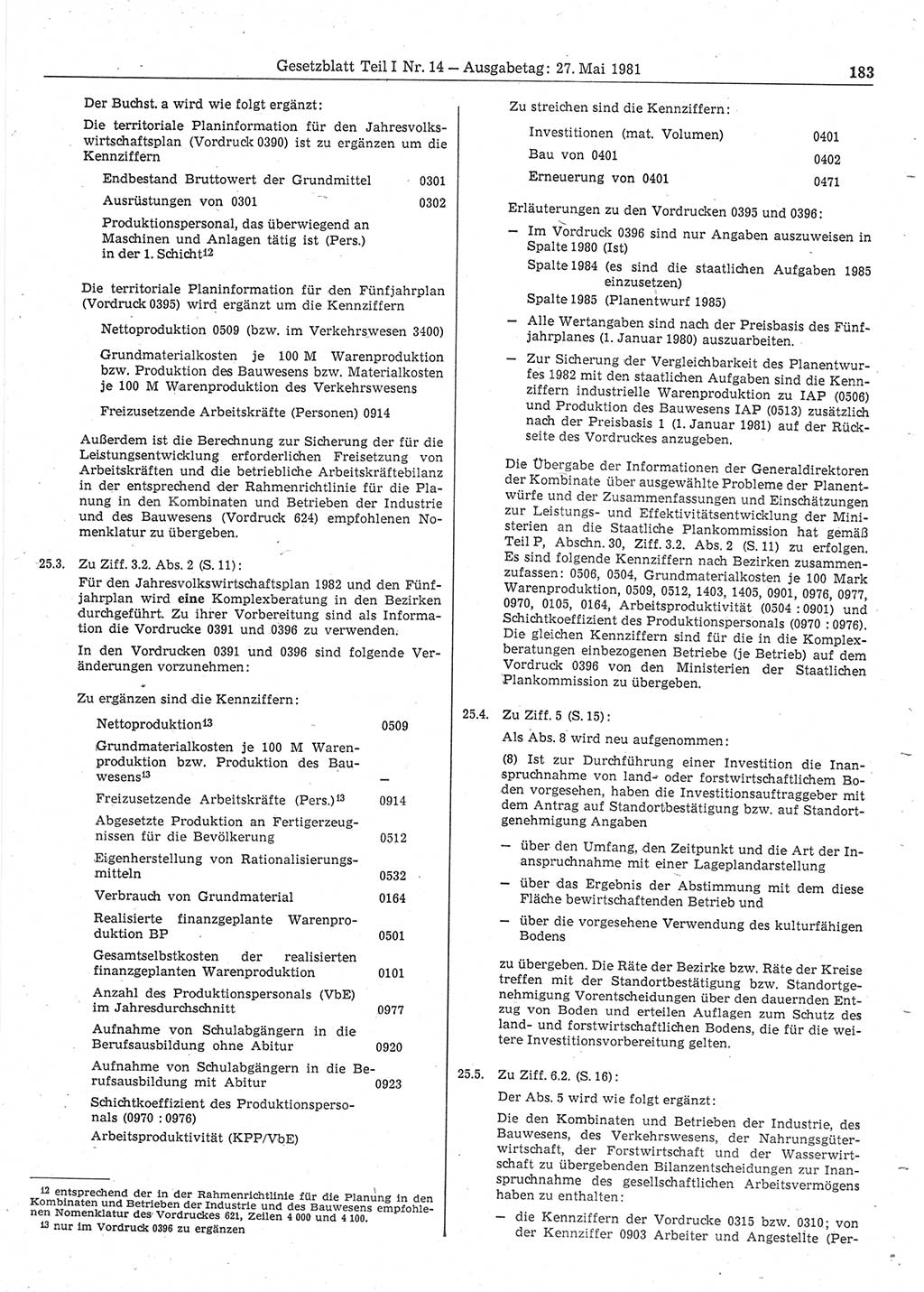 Gesetzblatt (GBl.) der Deutschen Demokratischen Republik (DDR) Teil Ⅰ 1981, Seite 183 (GBl. DDR Ⅰ 1981, S. 183)
