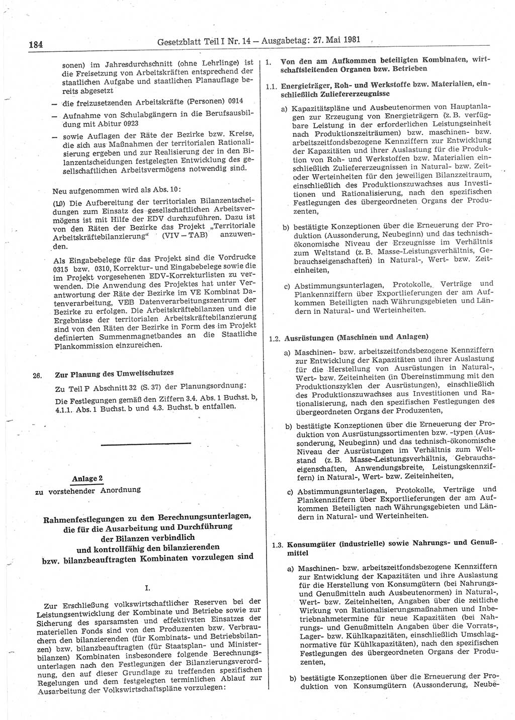 Gesetzblatt (GBl.) der Deutschen Demokratischen Republik (DDR) Teil Ⅰ 1981, Seite 184 (GBl. DDR Ⅰ 1981, S. 184)