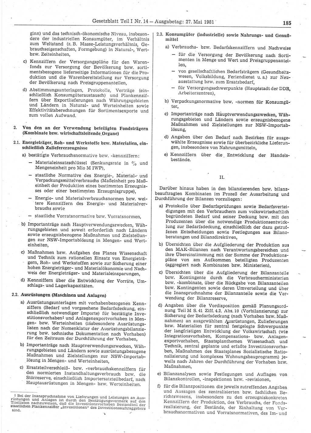 Gesetzblatt (GBl.) der Deutschen Demokratischen Republik (DDR) Teil Ⅰ 1981, Seite 185 (GBl. DDR Ⅰ 1981, S. 185)