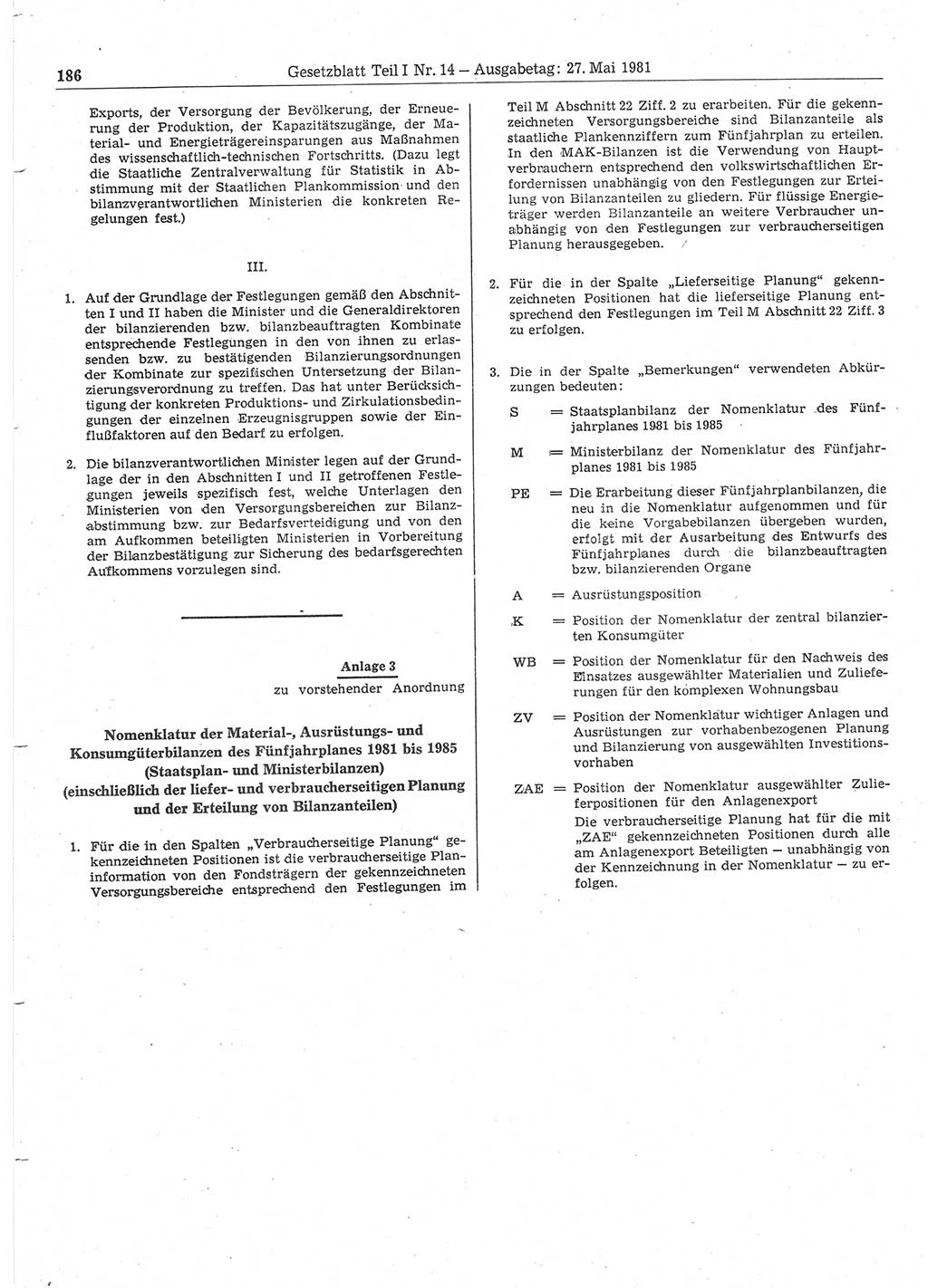 Gesetzblatt (GBl.) der Deutschen Demokratischen Republik (DDR) Teil Ⅰ 1981, Seite 186 (GBl. DDR Ⅰ 1981, S. 186)