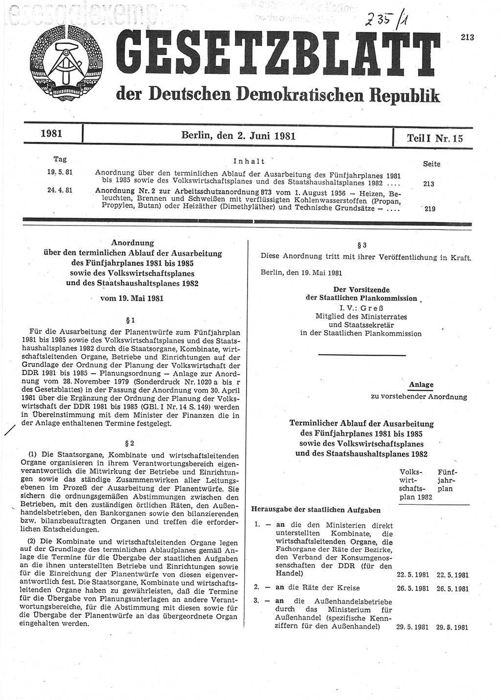 Gesetzblatt (GBl.) der Deutschen Demokratischen Republik (DDR) Teil Ⅰ 1981, Seite 213 (GBl. DDR Ⅰ 1981, S. 213)