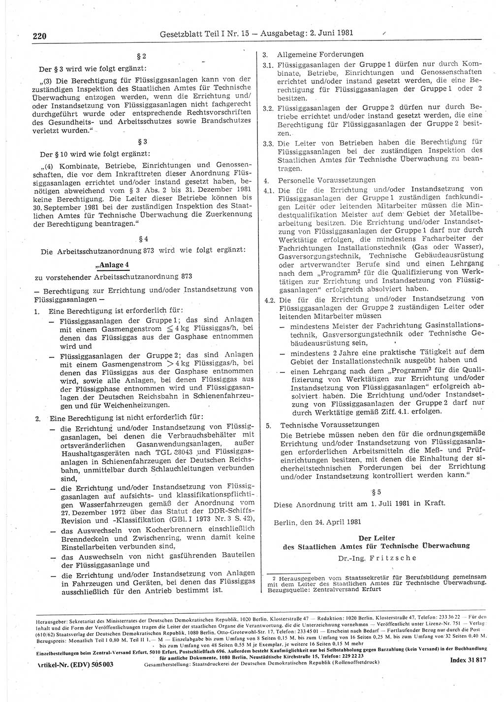 Gesetzblatt (GBl.) der Deutschen Demokratischen Republik (DDR) Teil Ⅰ 1981, Seite 220 (GBl. DDR Ⅰ 1981, S. 220)