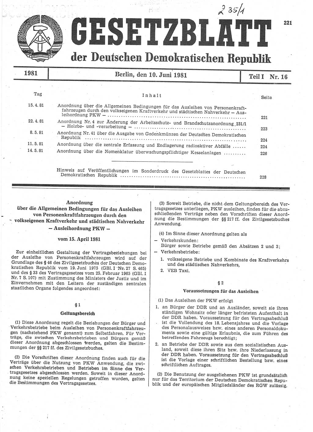 Gesetzblatt (GBl.) der Deutschen Demokratischen Republik (DDR) Teil Ⅰ 1981, Seite 221 (GBl. DDR Ⅰ 1981, S. 221)