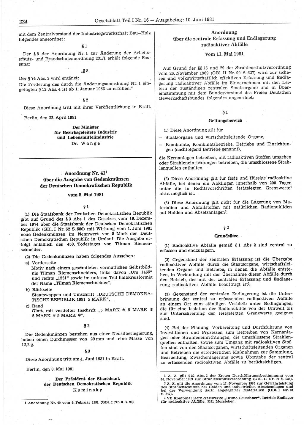 Gesetzblatt (GBl.) der Deutschen Demokratischen Republik (DDR) Teil Ⅰ 1981, Seite 224 (GBl. DDR Ⅰ 1981, S. 224)