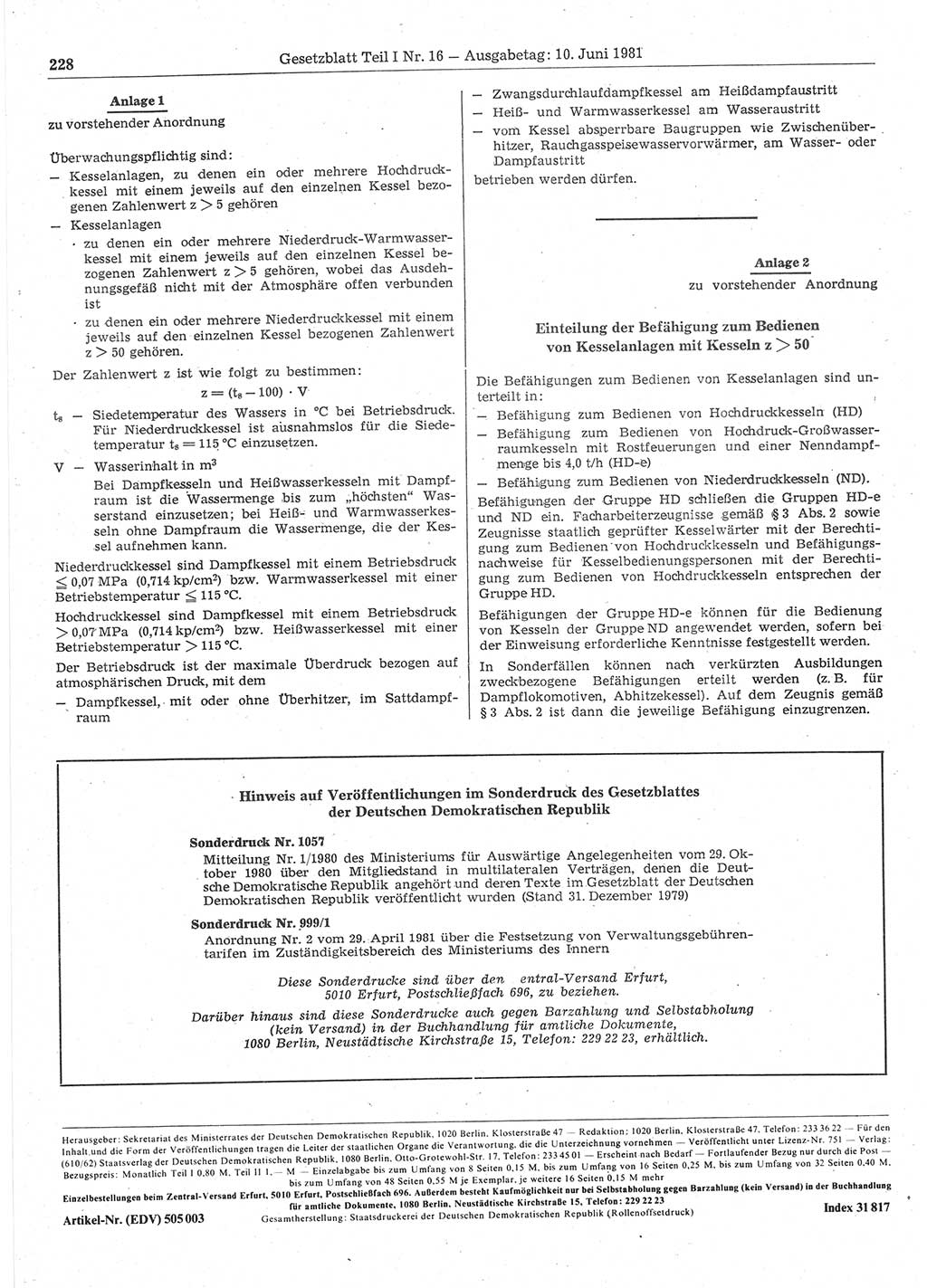 Gesetzblatt (GBl.) der Deutschen Demokratischen Republik (DDR) Teil Ⅰ 1981, Seite 228 (GBl. DDR Ⅰ 1981, S. 228)