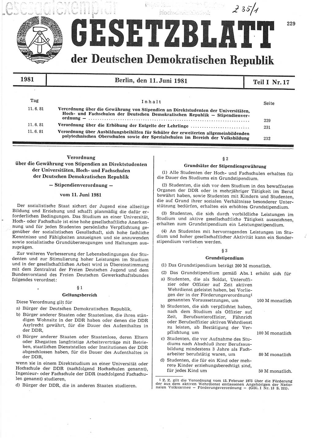 Gesetzblatt (GBl.) der Deutschen Demokratischen Republik (DDR) Teil Ⅰ 1981, Seite 229 (GBl. DDR Ⅰ 1981, S. 229)