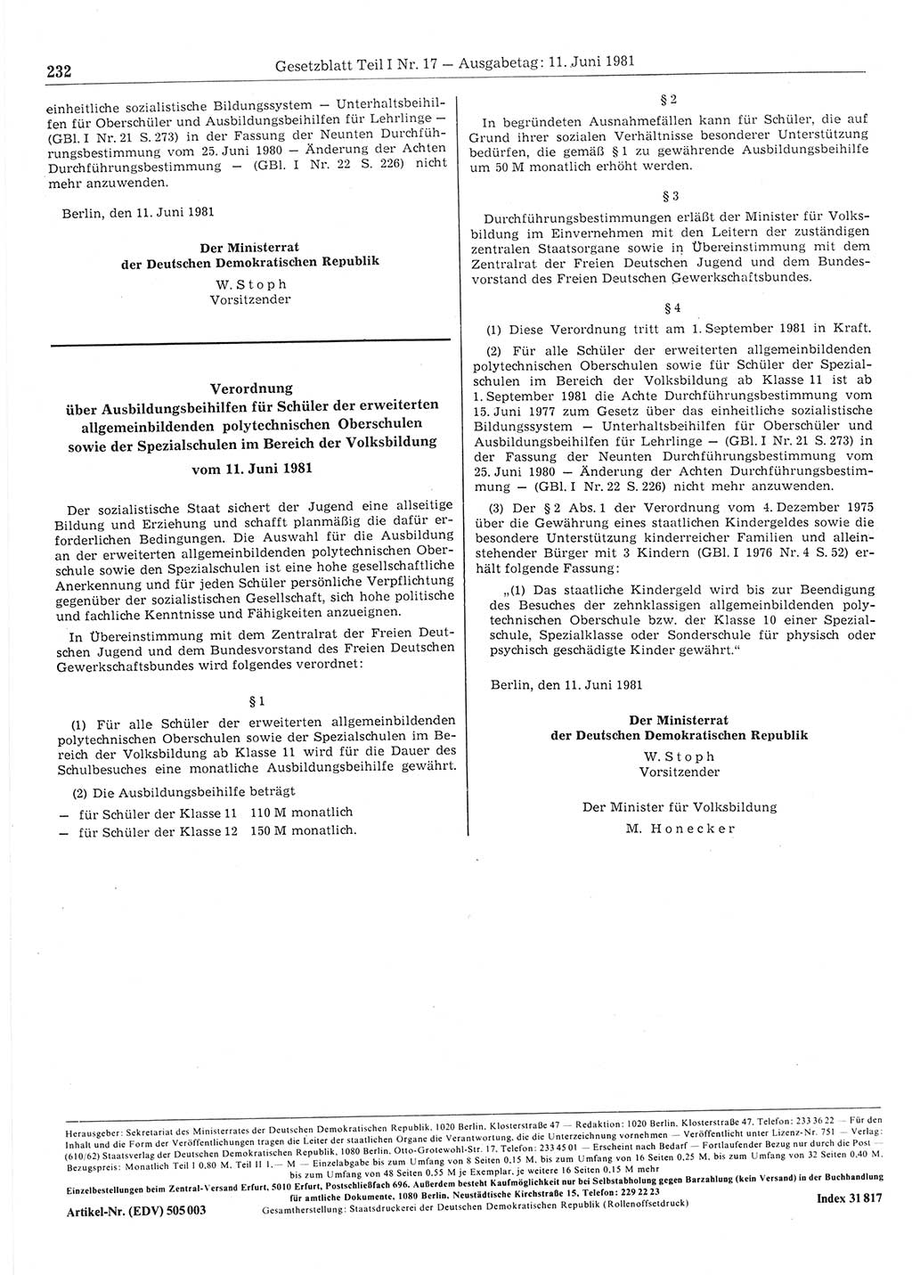 Gesetzblatt (GBl.) der Deutschen Demokratischen Republik (DDR) Teil Ⅰ 1981, Seite 232 (GBl. DDR Ⅰ 1981, S. 232)