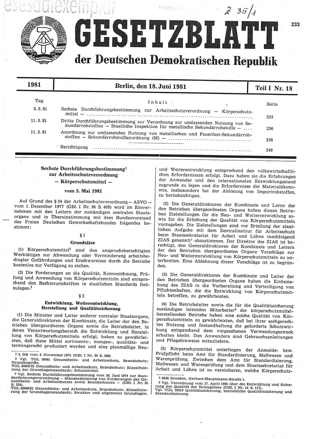 Gesetzblatt (GBl.) der Deutschen Demokratischen Republik (DDR) Teil Ⅰ 1981, Seite 233 (GBl. DDR Ⅰ 1981, S. 233)