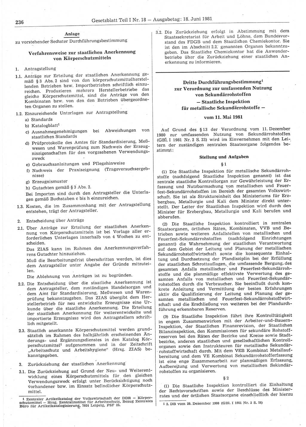 Gesetzblatt (GBl.) der Deutschen Demokratischen Republik (DDR) Teil Ⅰ 1981, Seite 236 (GBl. DDR Ⅰ 1981, S. 236)
