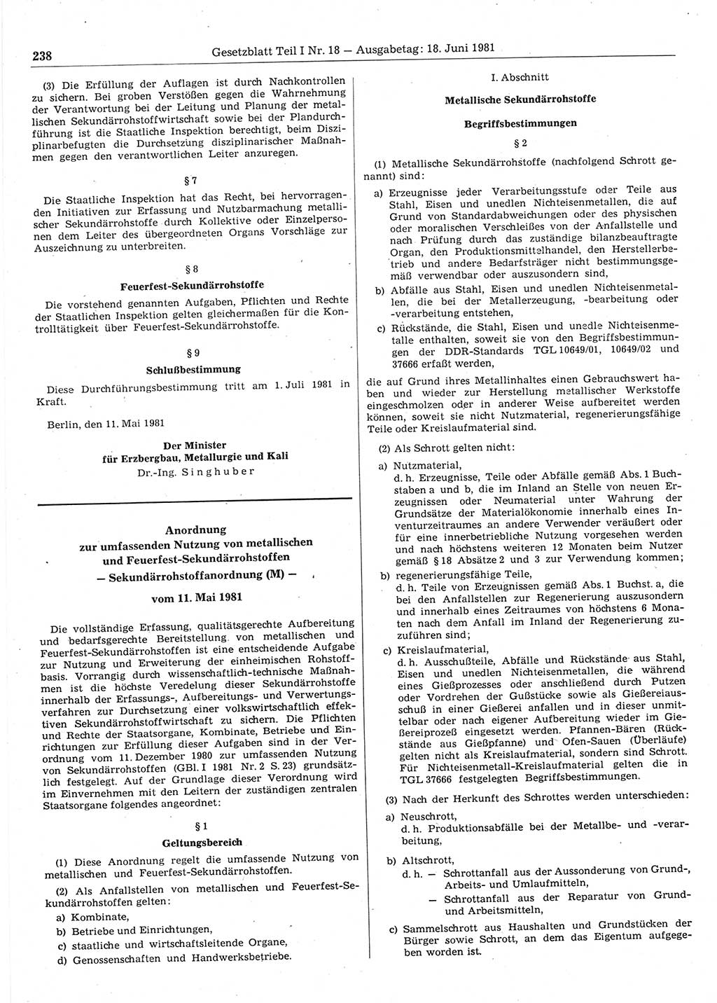 Gesetzblatt (GBl.) der Deutschen Demokratischen Republik (DDR) Teil Ⅰ 1981, Seite 238 (GBl. DDR Ⅰ 1981, S. 238)