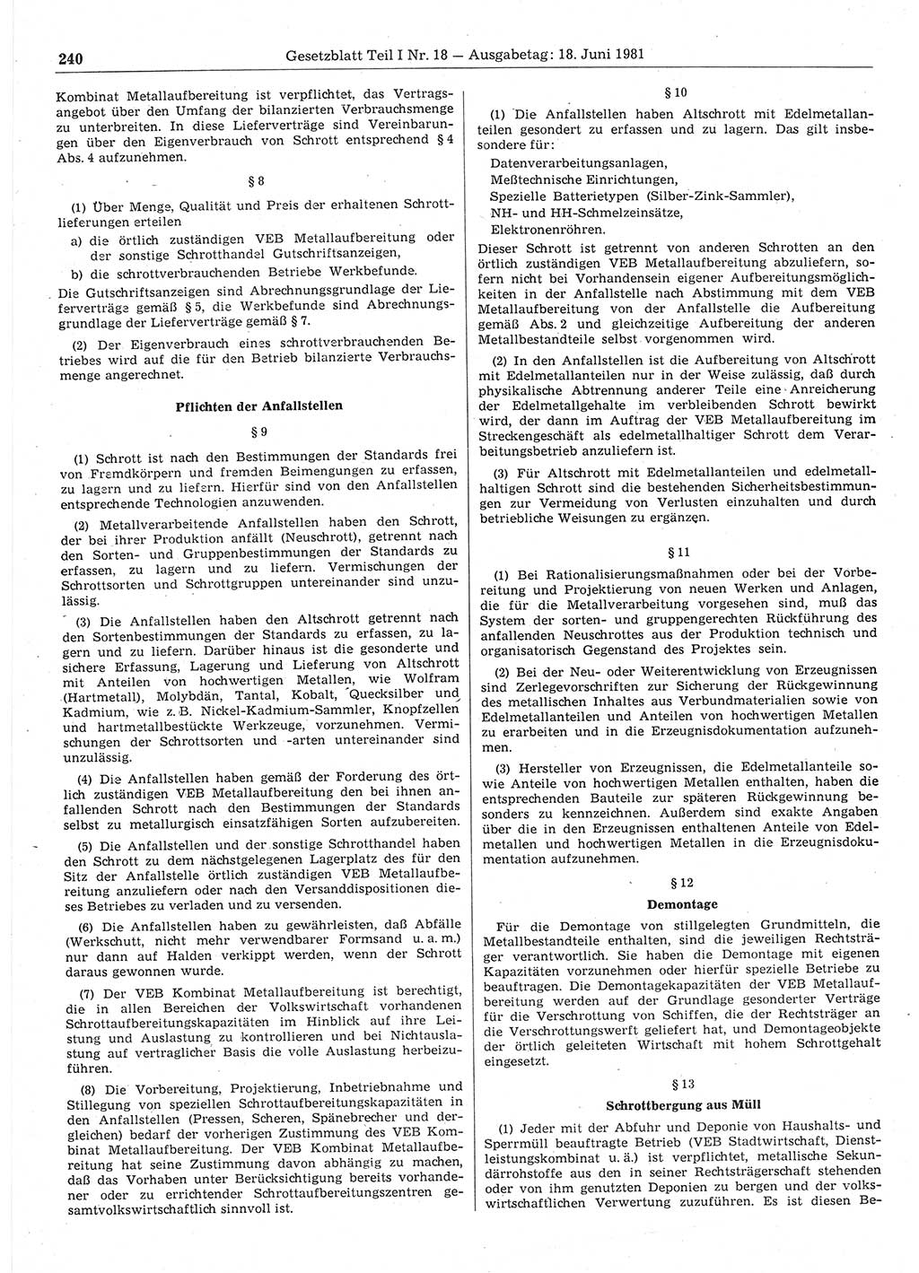 Gesetzblatt (GBl.) der Deutschen Demokratischen Republik (DDR) Teil Ⅰ 1981, Seite 240 (GBl. DDR Ⅰ 1981, S. 240)
