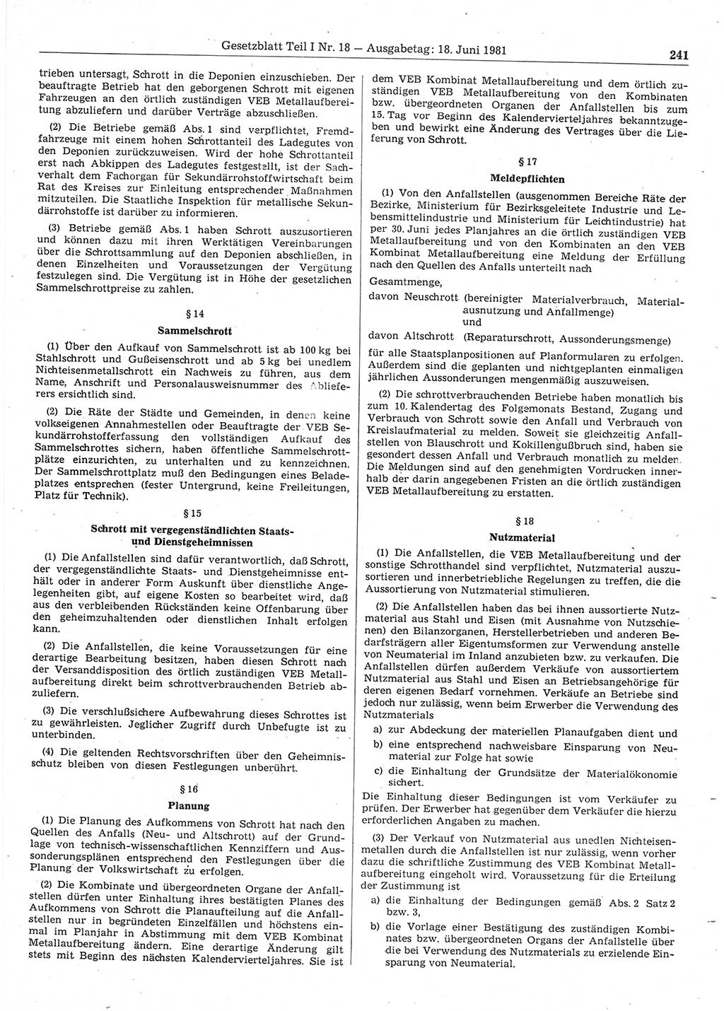 Gesetzblatt (GBl.) der Deutschen Demokratischen Republik (DDR) Teil Ⅰ 1981, Seite 241 (GBl. DDR Ⅰ 1981, S. 241)