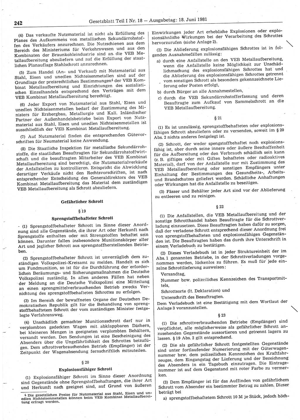 Gesetzblatt (GBl.) der Deutschen Demokratischen Republik (DDR) Teil Ⅰ 1981, Seite 242 (GBl. DDR Ⅰ 1981, S. 242)
