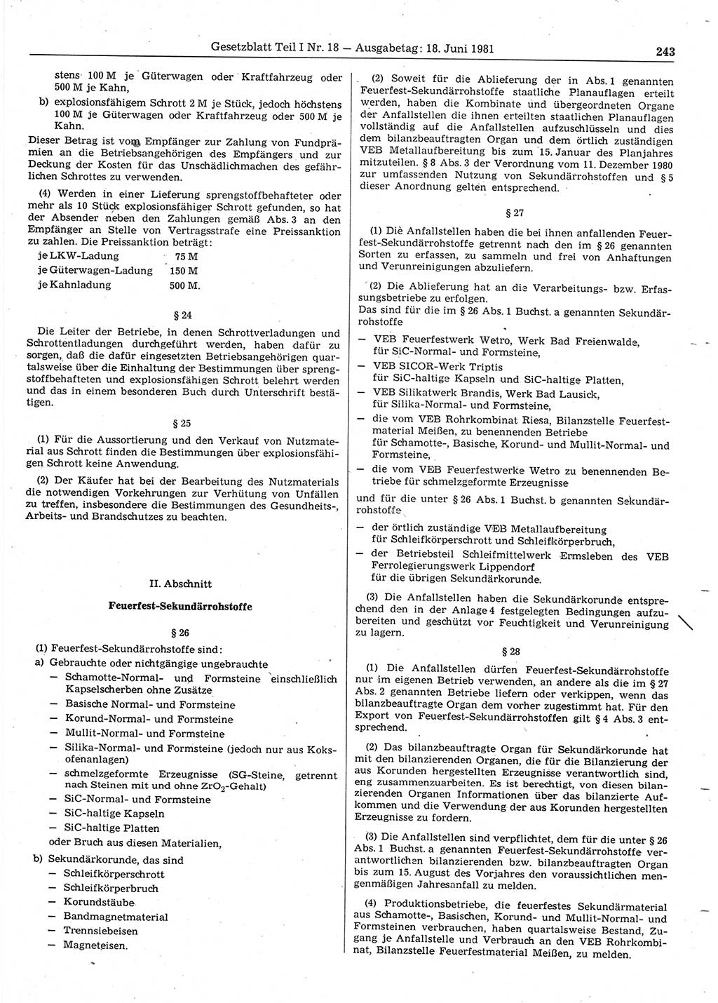 Gesetzblatt (GBl.) der Deutschen Demokratischen Republik (DDR) Teil Ⅰ 1981, Seite 243 (GBl. DDR Ⅰ 1981, S. 243)