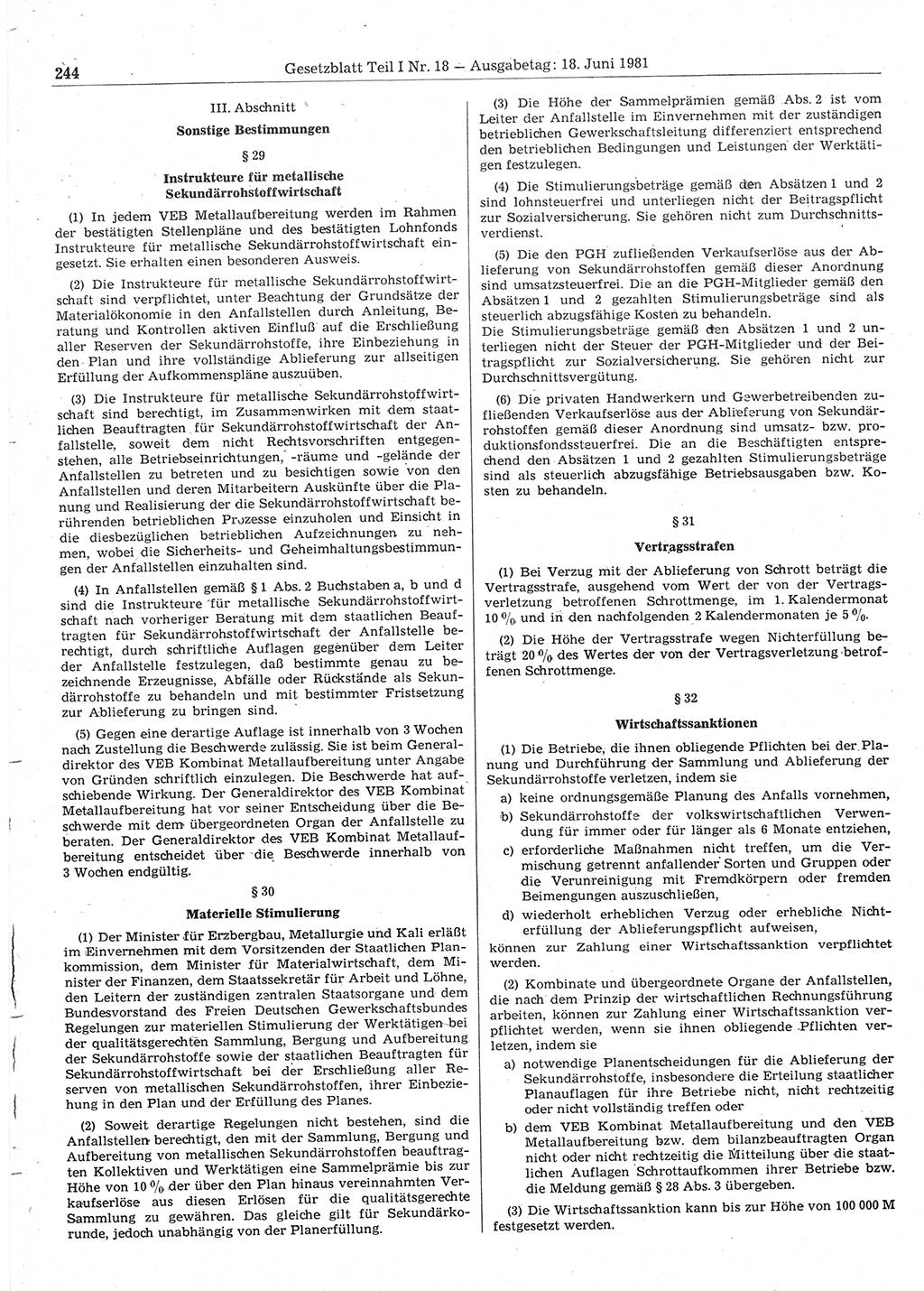 Gesetzblatt (GBl.) der Deutschen Demokratischen Republik (DDR) Teil Ⅰ 1981, Seite 244 (GBl. DDR Ⅰ 1981, S. 244)