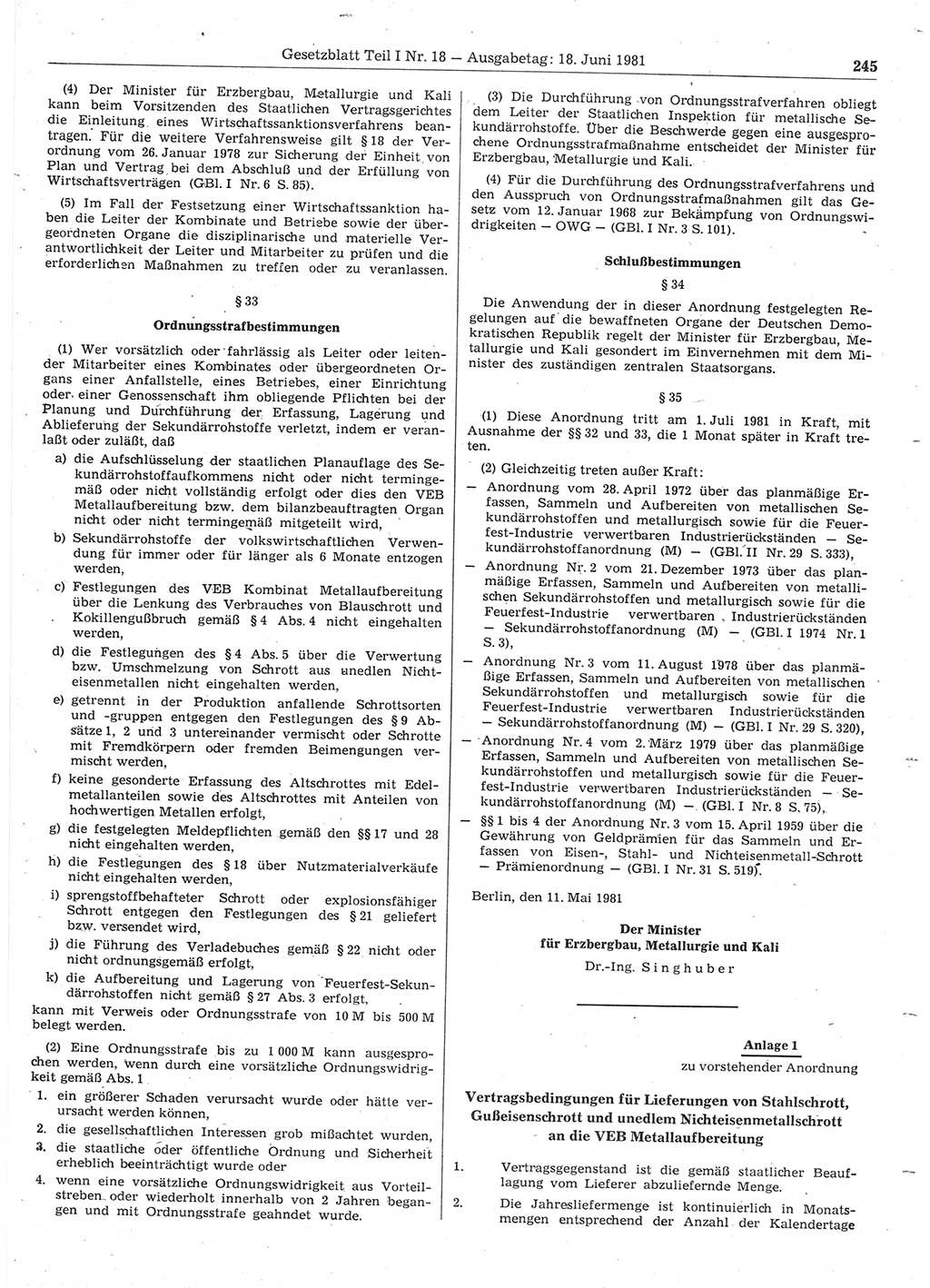 Gesetzblatt (GBl.) der Deutschen Demokratischen Republik (DDR) Teil Ⅰ 1981, Seite 245 (GBl. DDR Ⅰ 1981, S. 245)