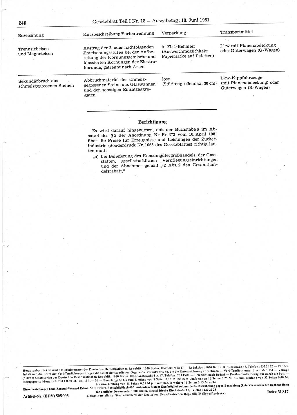 Gesetzblatt (GBl.) der Deutschen Demokratischen Republik (DDR) Teil Ⅰ 1981, Seite 248 (GBl. DDR Ⅰ 1981, S. 248)