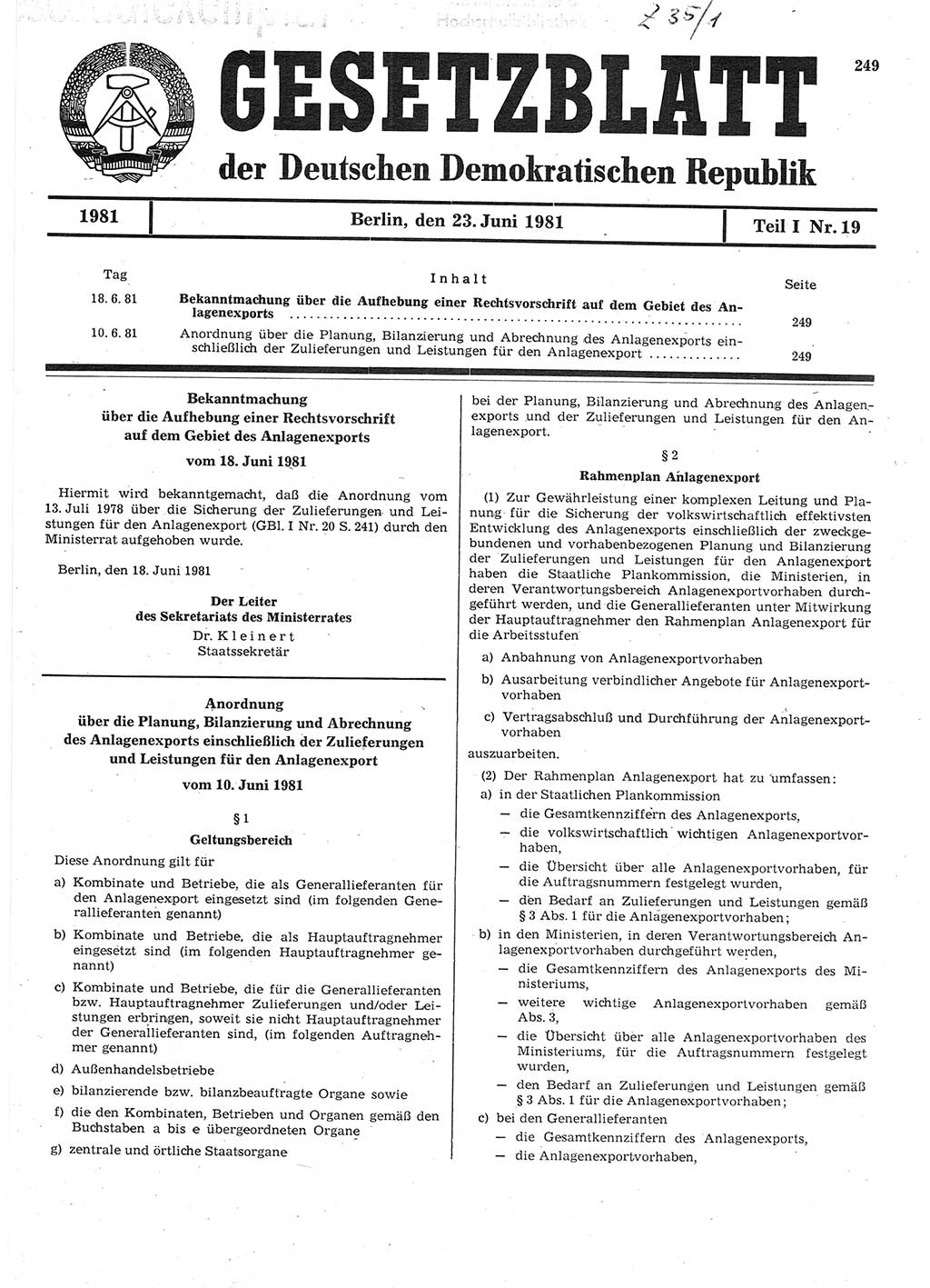 Gesetzblatt (GBl.) der Deutschen Demokratischen Republik (DDR) Teil Ⅰ 1981, Seite 249 (GBl. DDR Ⅰ 1981, S. 249)