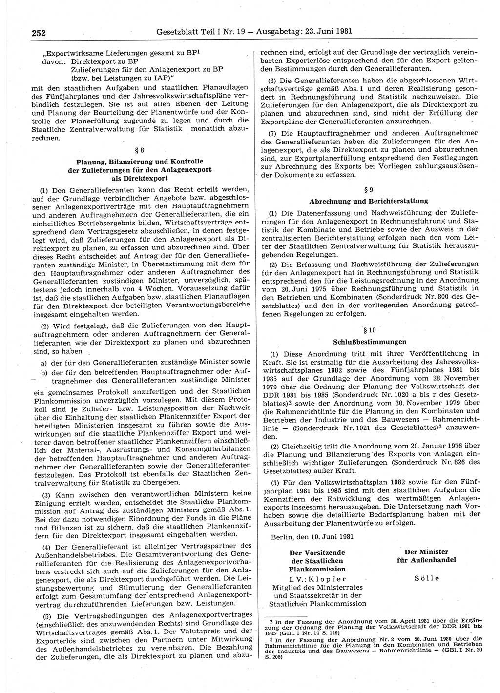 Gesetzblatt (GBl.) der Deutschen Demokratischen Republik (DDR) Teil Ⅰ 1981, Seite 252 (GBl. DDR Ⅰ 1981, S. 252)