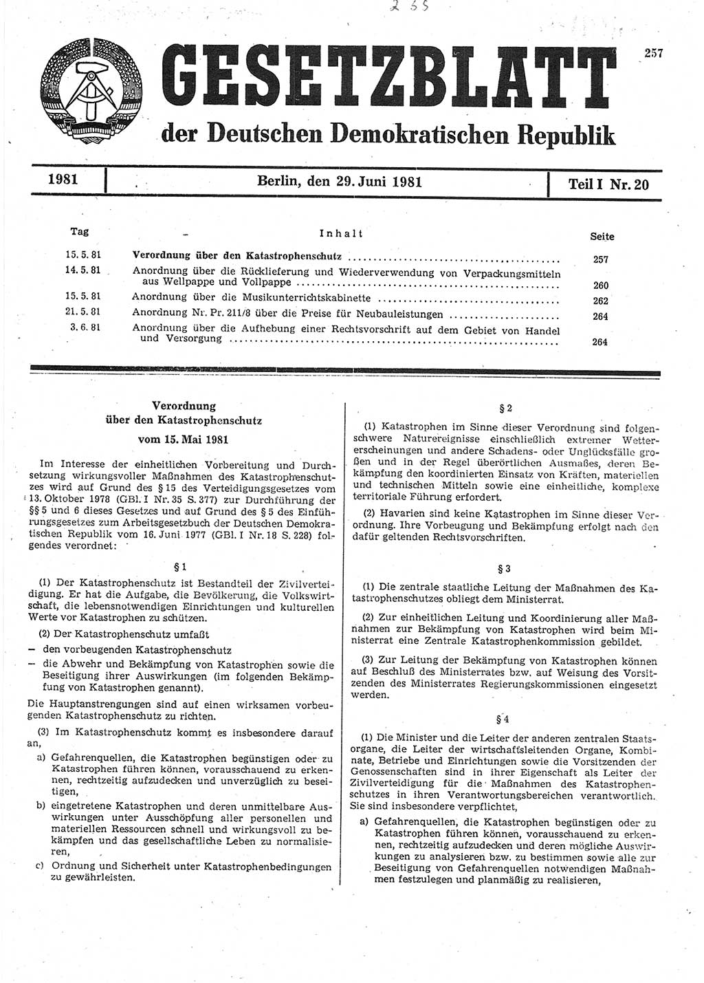 Gesetzblatt (GBl.) der Deutschen Demokratischen Republik (DDR) Teil Ⅰ 1981, Seite 257 (GBl. DDR Ⅰ 1981, S. 257)