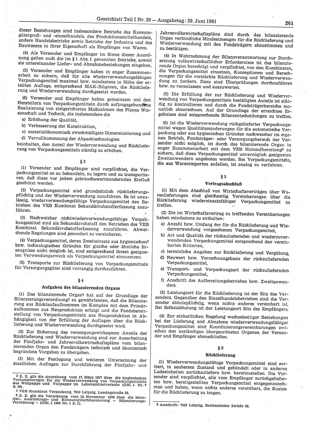 Gesetzblatt (GBl.) der Deutschen Demokratischen Republik (DDR) Teil Ⅰ 1981, Seite 261 (GBl. DDR Ⅰ 1981, S. 261)