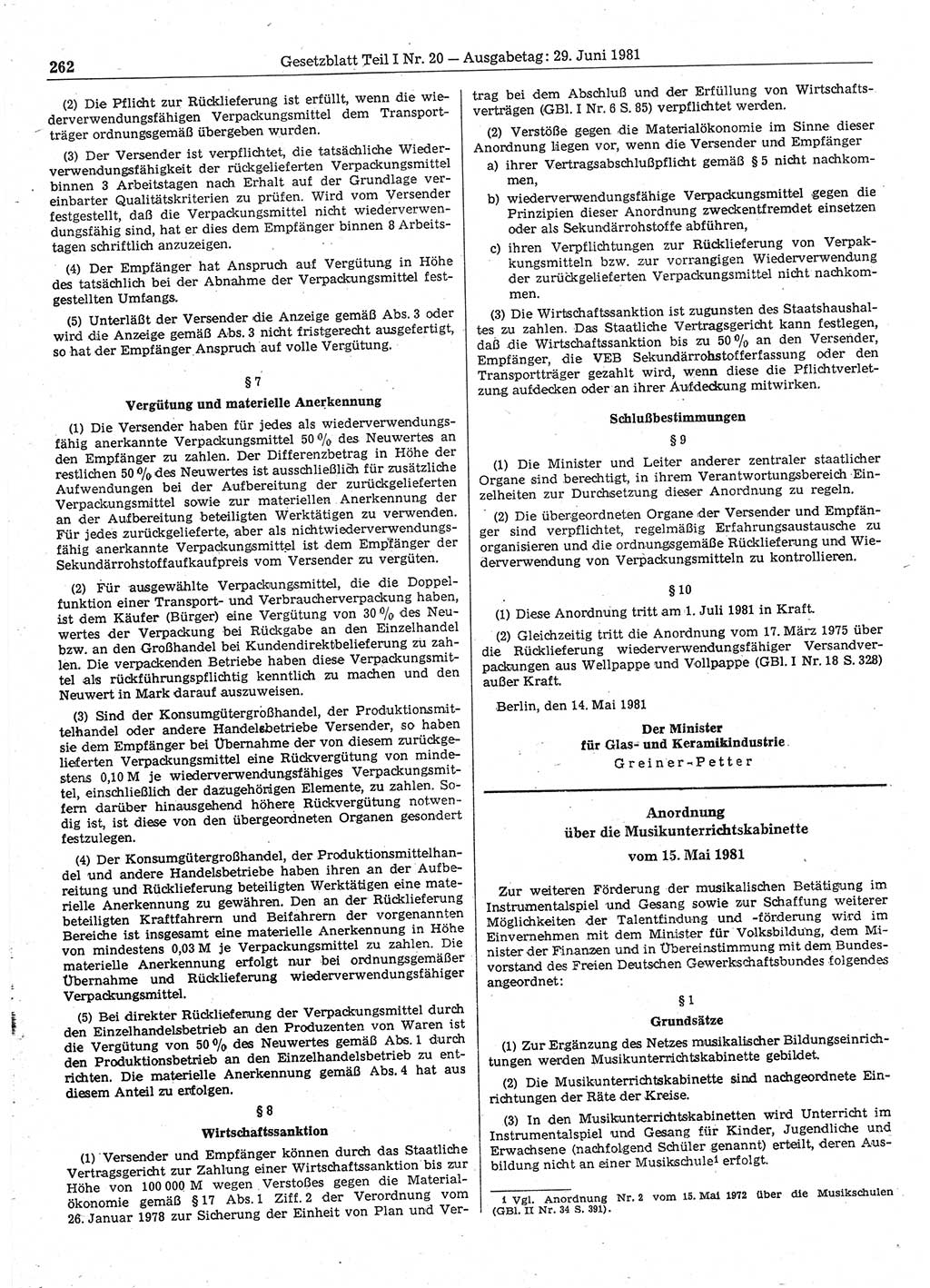 Gesetzblatt (GBl.) der Deutschen Demokratischen Republik (DDR) Teil Ⅰ 1981, Seite 262 (GBl. DDR Ⅰ 1981, S. 262)