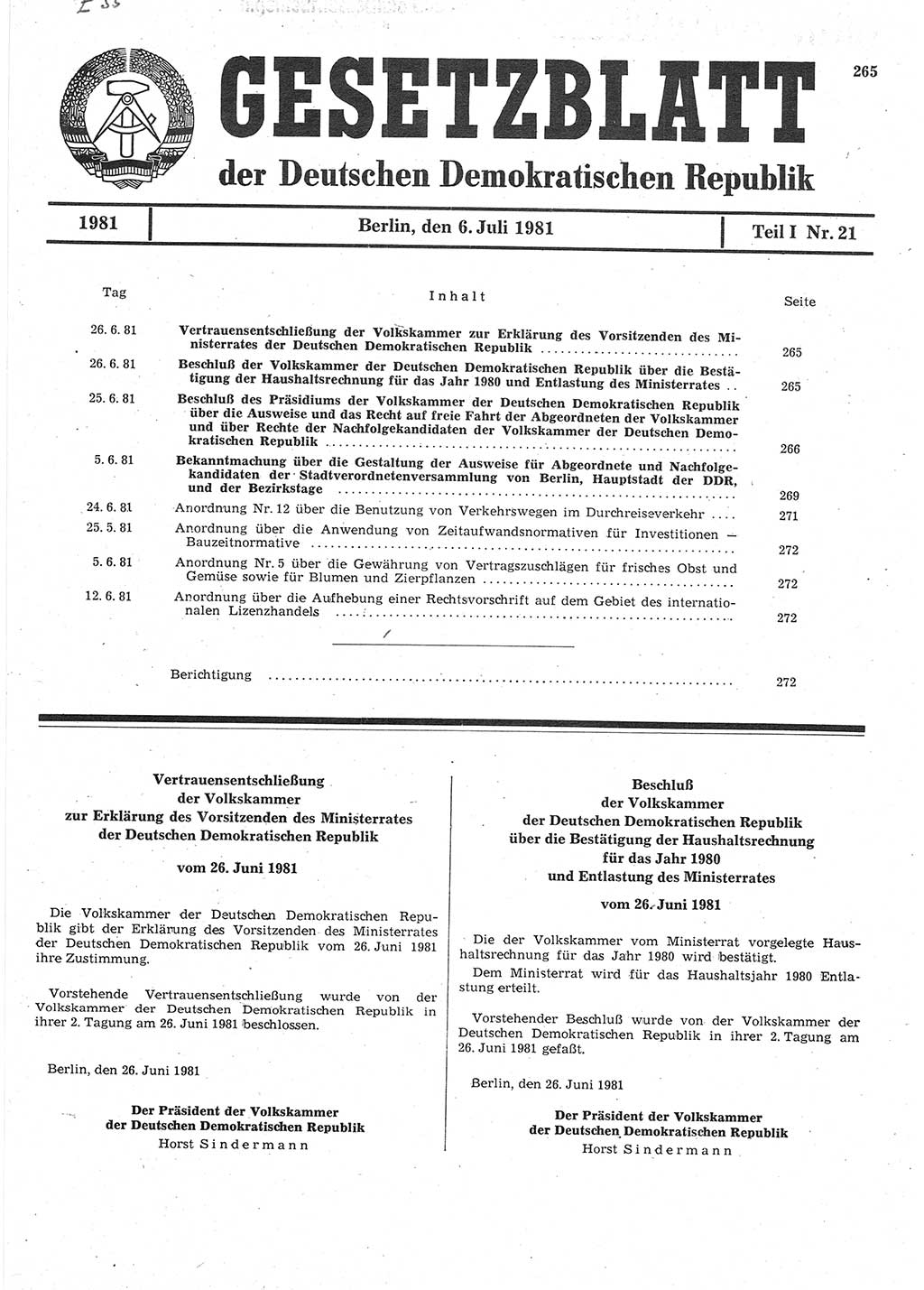 Gesetzblatt (GBl.) der Deutschen Demokratischen Republik (DDR) Teil Ⅰ 1981, Seite 265 (GBl. DDR Ⅰ 1981, S. 265)