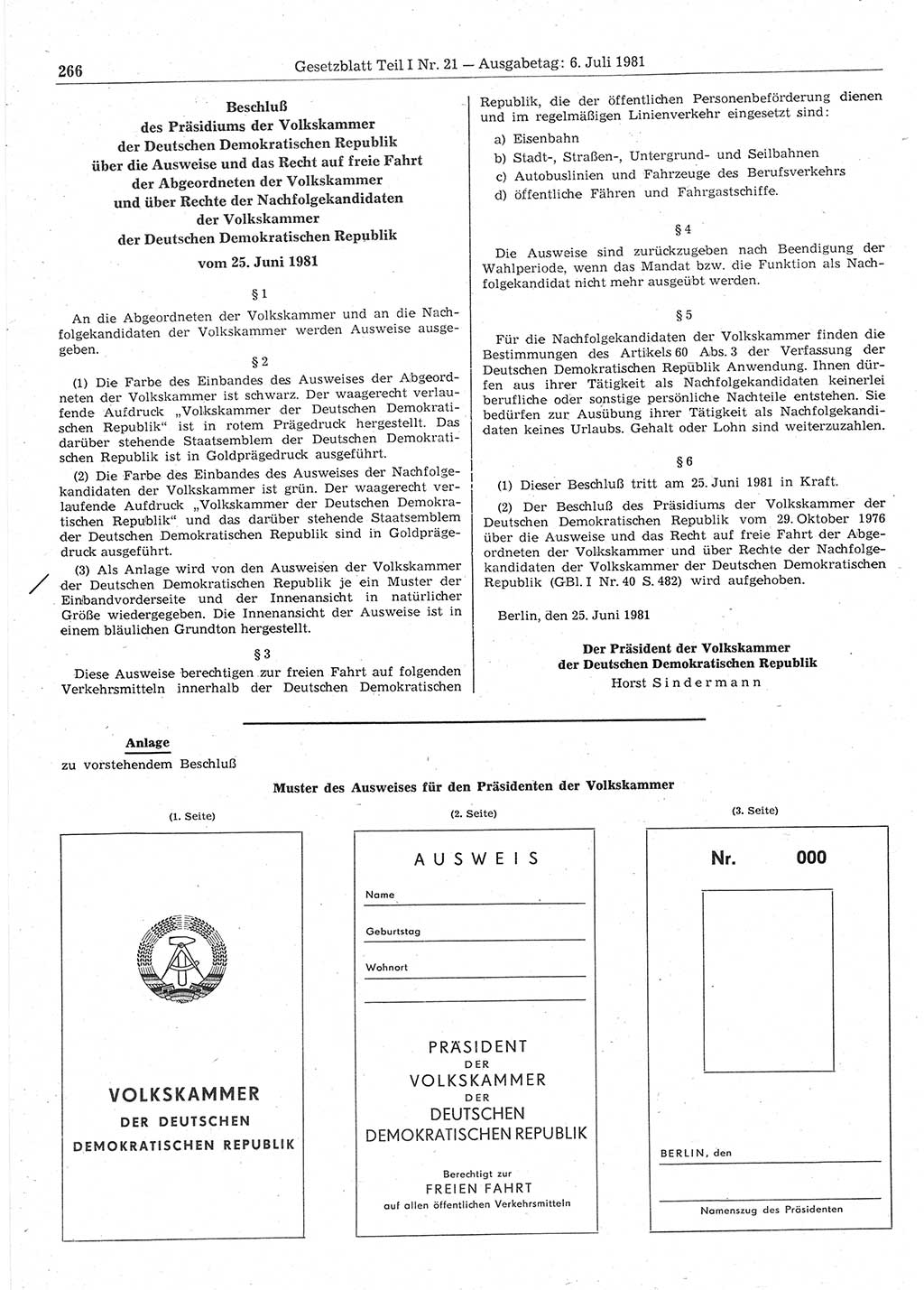 Gesetzblatt (GBl.) der Deutschen Demokratischen Republik (DDR) Teil Ⅰ 1981, Seite 266 (GBl. DDR Ⅰ 1981, S. 266)