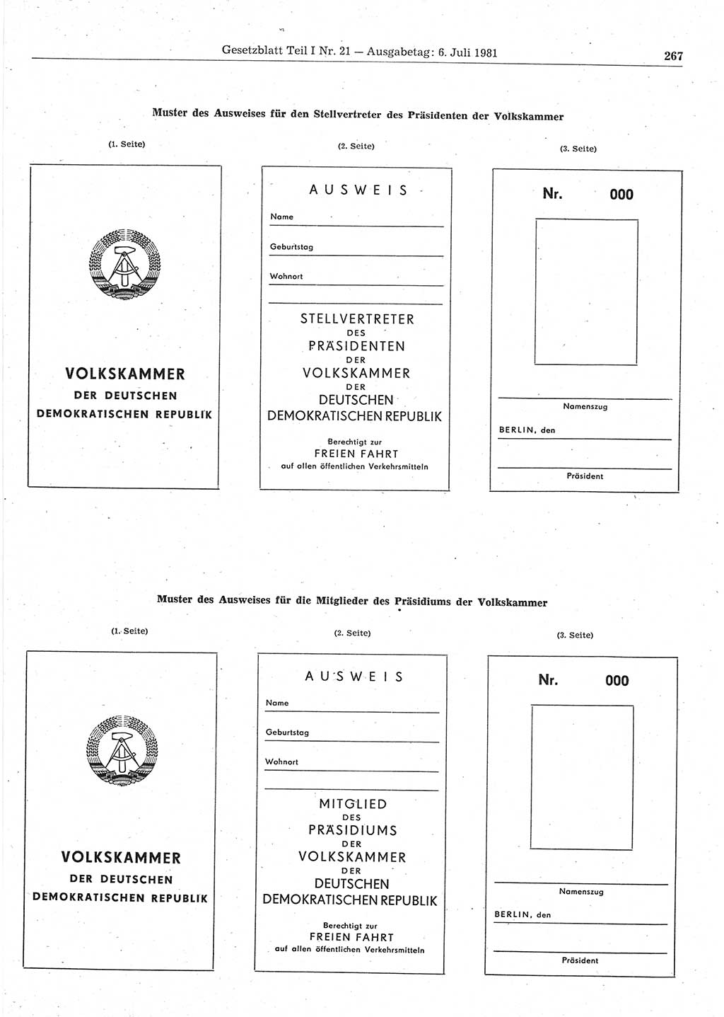Gesetzblatt (GBl.) der Deutschen Demokratischen Republik (DDR) Teil Ⅰ 1981, Seite 267 (GBl. DDR Ⅰ 1981, S. 267)