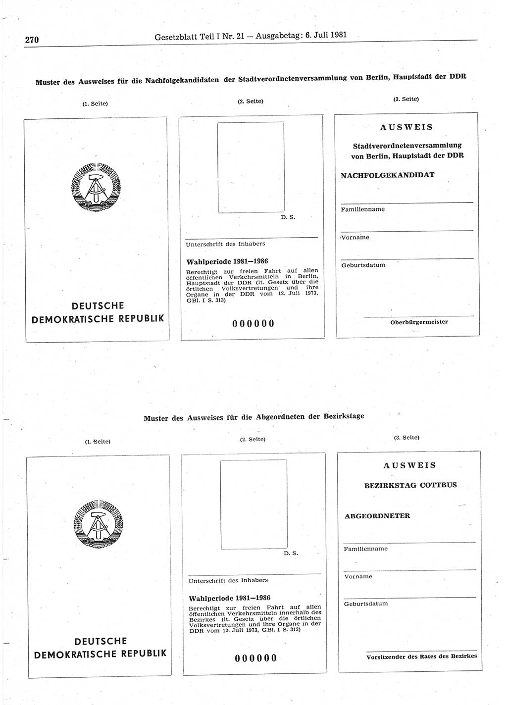 Gesetzblatt (GBl.) der Deutschen Demokratischen Republik (DDR) Teil Ⅰ 1981, Seite 270 (GBl. DDR Ⅰ 1981, S. 270)