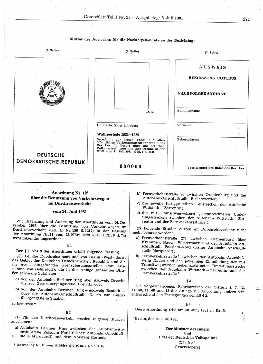 Gesetzblatt (GBl.) der Deutschen Demokratischen Republik (DDR) Teil Ⅰ 1981, Seite 271 (GBl. DDR Ⅰ 1981, S. 271)
