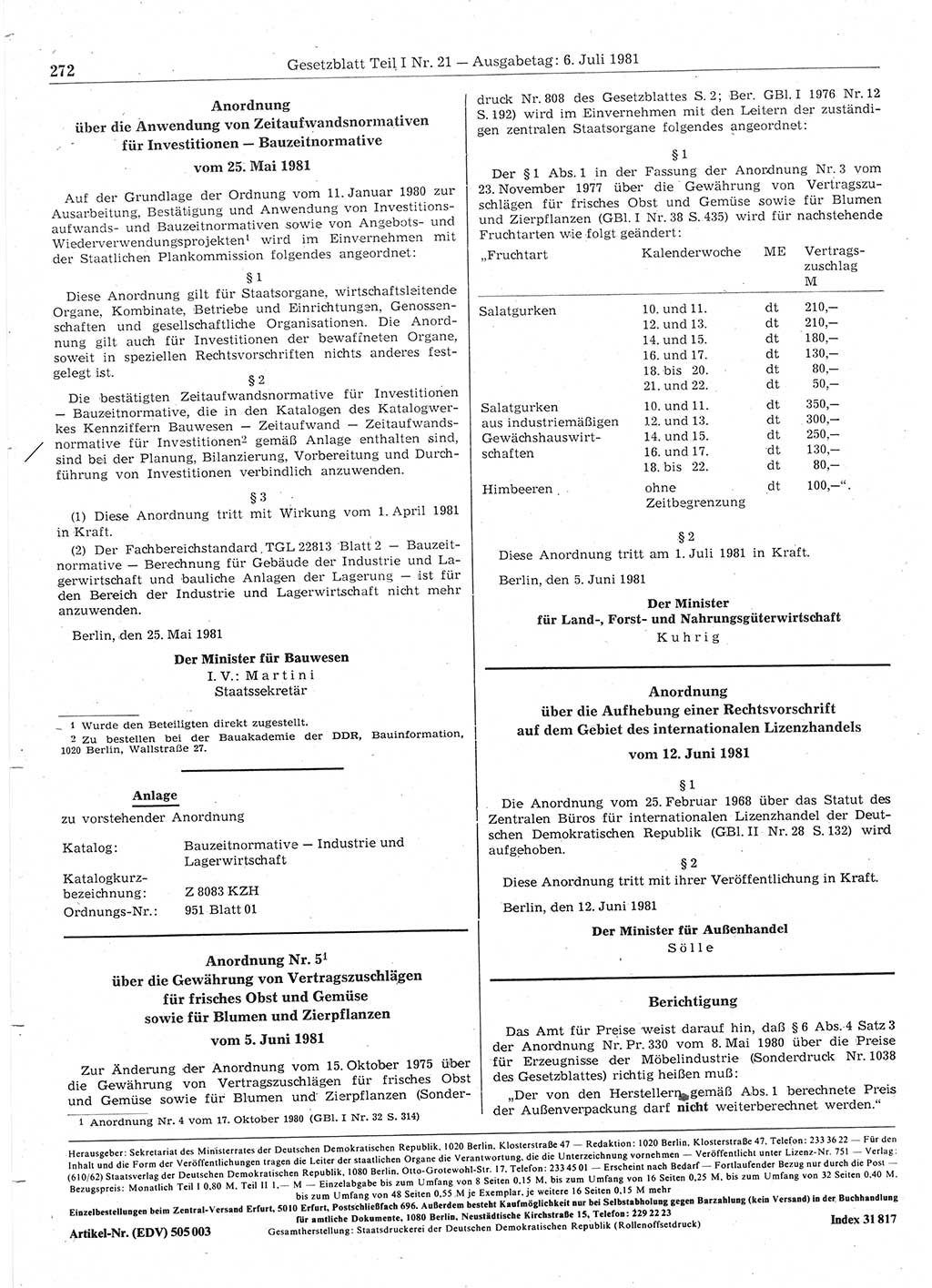 Gesetzblatt (GBl.) der Deutschen Demokratischen Republik (DDR) Teil Ⅰ 1981, Seite 272 (GBl. DDR Ⅰ 1981, S. 272)