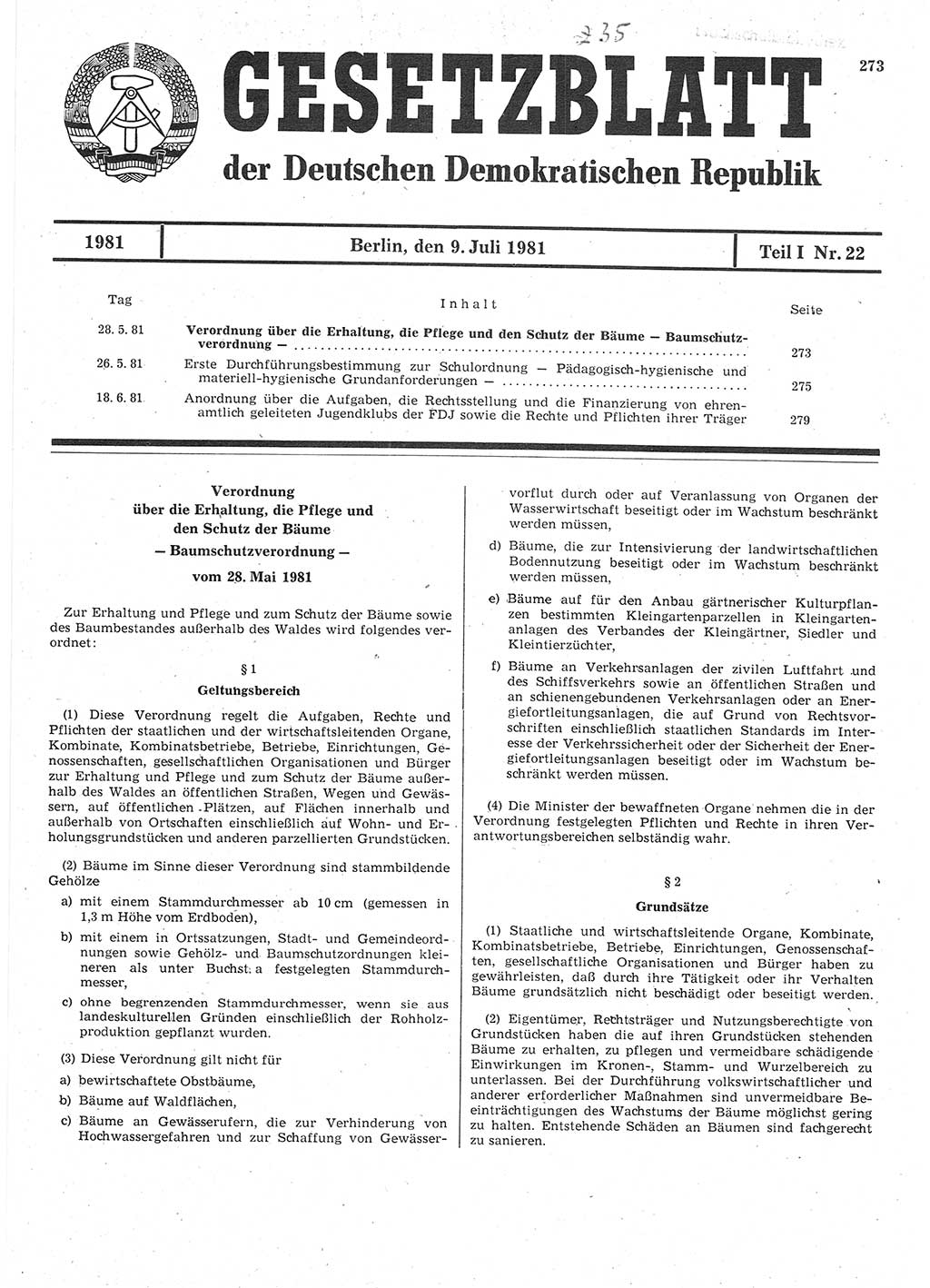 Gesetzblatt (GBl.) der Deutschen Demokratischen Republik (DDR) Teil Ⅰ 1981, Seite 273 (GBl. DDR Ⅰ 1981, S. 273)