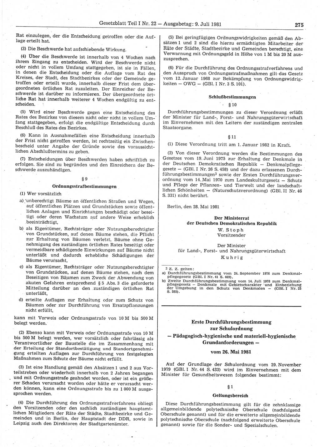 Gesetzblatt (GBl.) der Deutschen Demokratischen Republik (DDR) Teil Ⅰ 1981, Seite 275 (GBl. DDR Ⅰ 1981, S. 275)