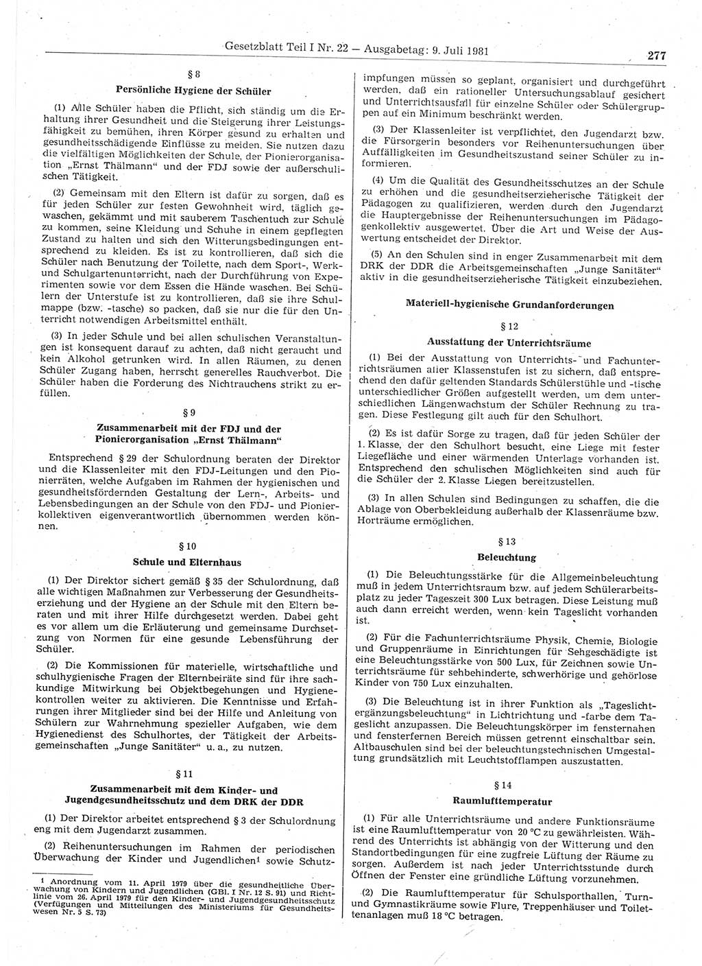 Gesetzblatt (GBl.) der Deutschen Demokratischen Republik (DDR) Teil Ⅰ 1981, Seite 277 (GBl. DDR Ⅰ 1981, S. 277)