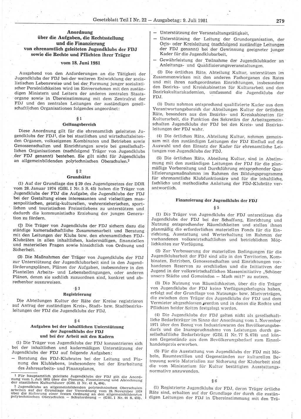 Gesetzblatt (GBl.) der Deutschen Demokratischen Republik (DDR) Teil Ⅰ 1981, Seite 279 (GBl. DDR Ⅰ 1981, S. 279)