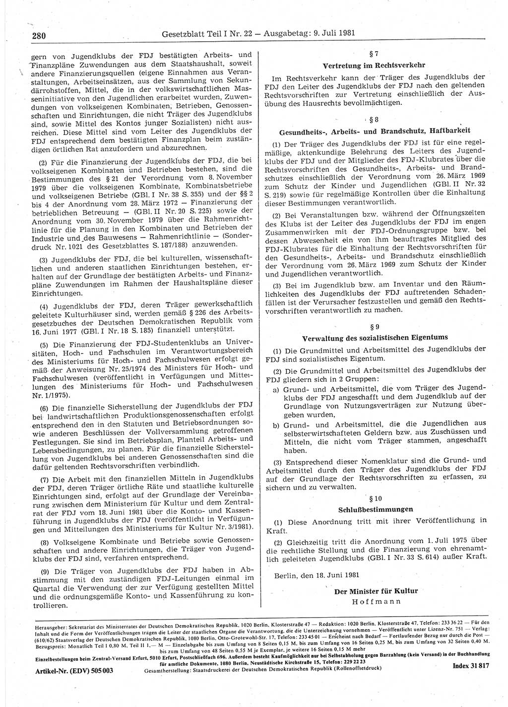 Gesetzblatt (GBl.) der Deutschen Demokratischen Republik (DDR) Teil Ⅰ 1981, Seite 280 (GBl. DDR Ⅰ 1981, S. 280)