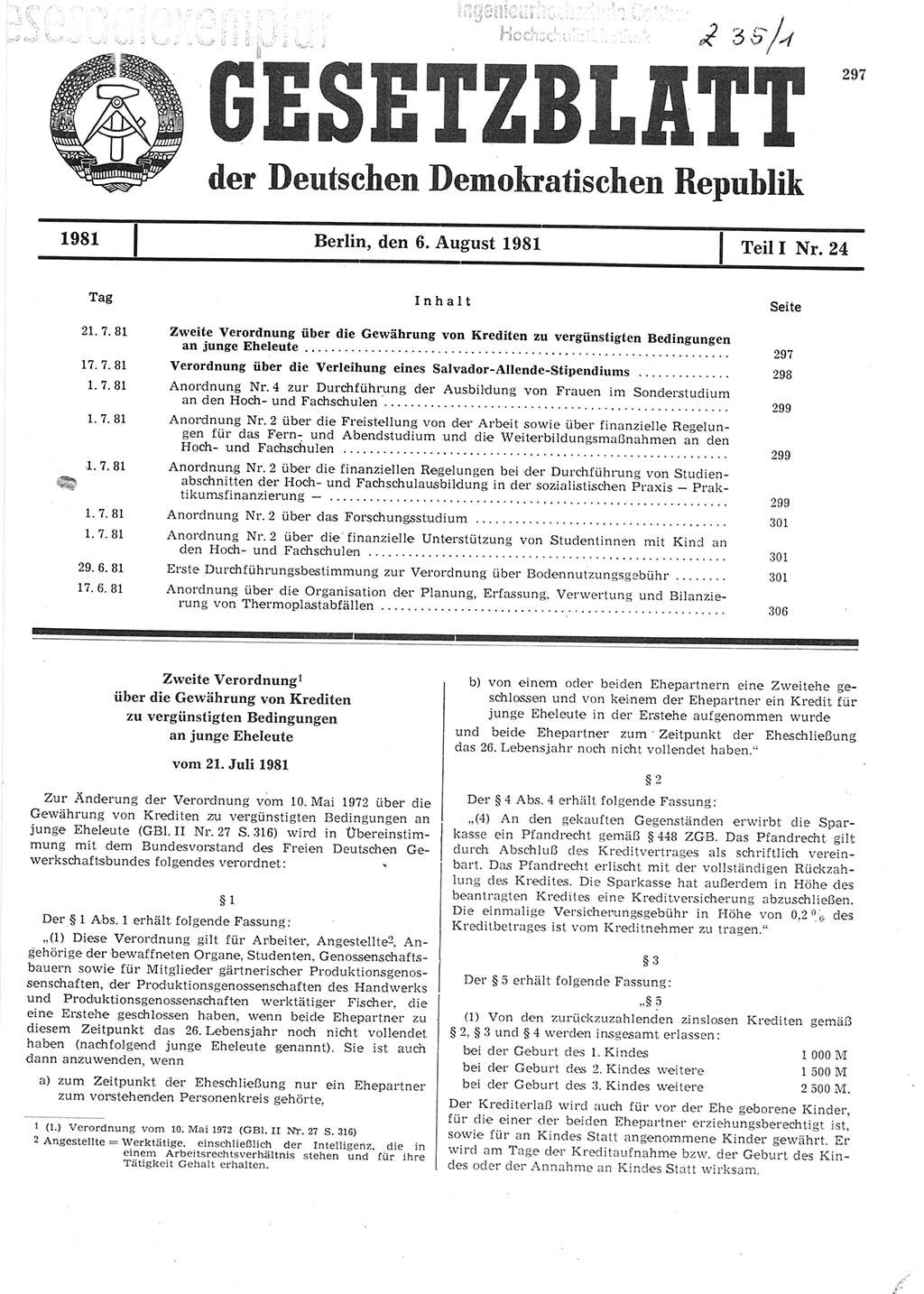 Gesetzblatt (GBl.) der Deutschen Demokratischen Republik (DDR) Teil Ⅰ 1981, Seite 297 (GBl. DDR Ⅰ 1981, S. 297)