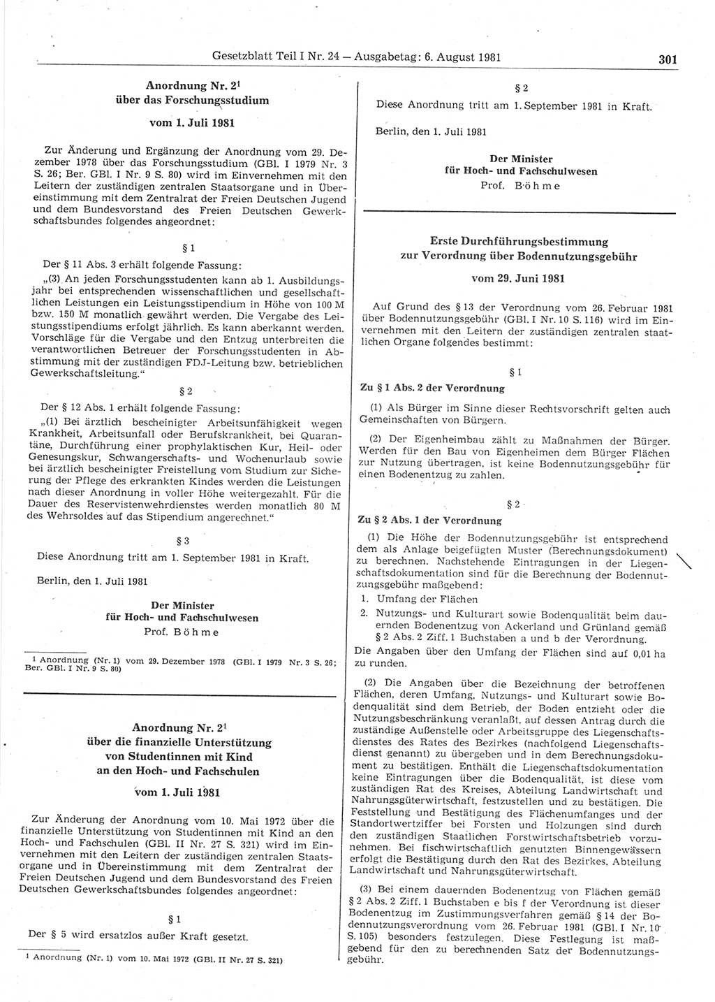 Gesetzblatt (GBl.) der Deutschen Demokratischen Republik (DDR) Teil Ⅰ 1981, Seite 301 (GBl. DDR Ⅰ 1981, S. 301)